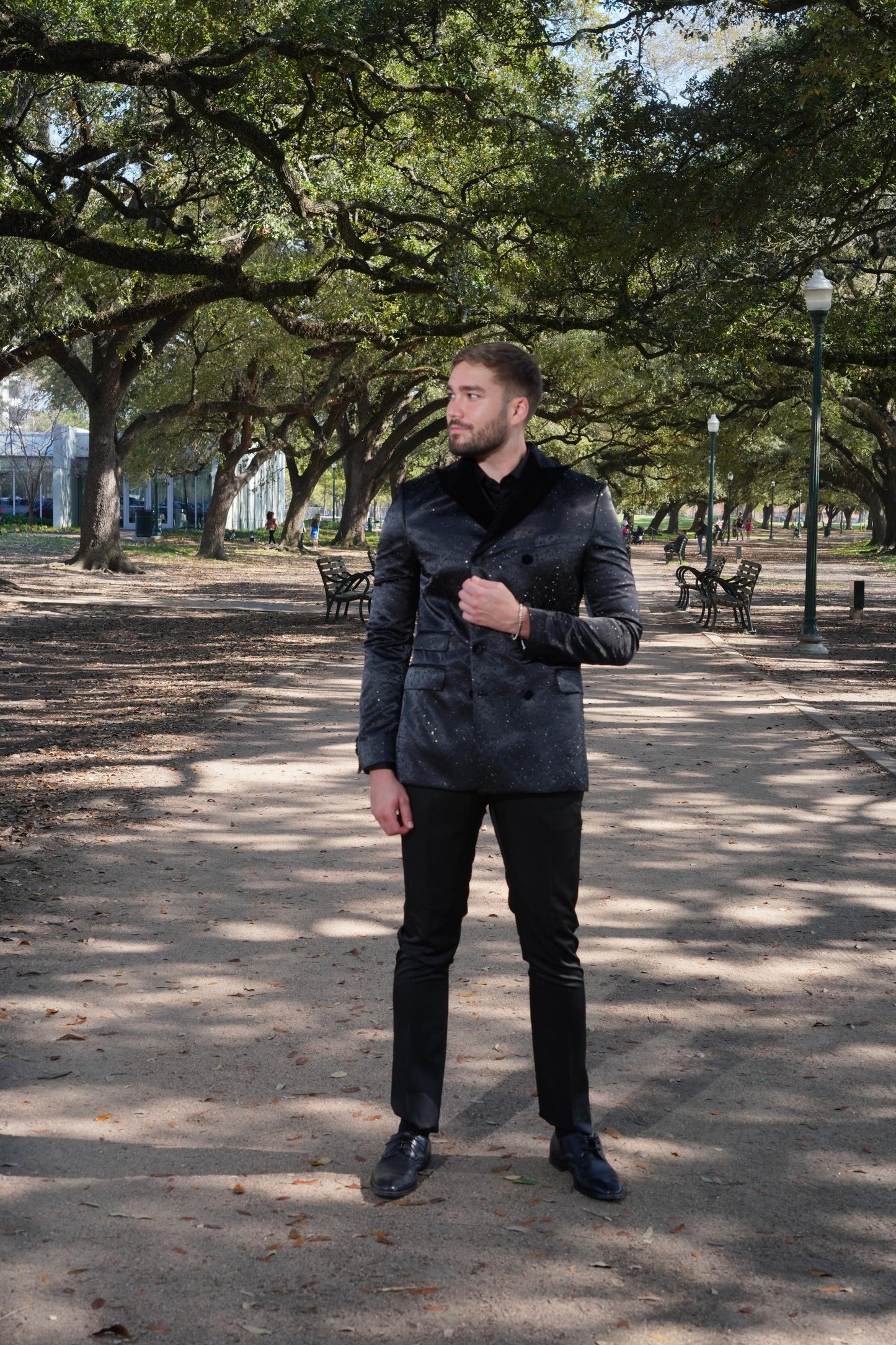 Luxurious black textured tuxedo styling
