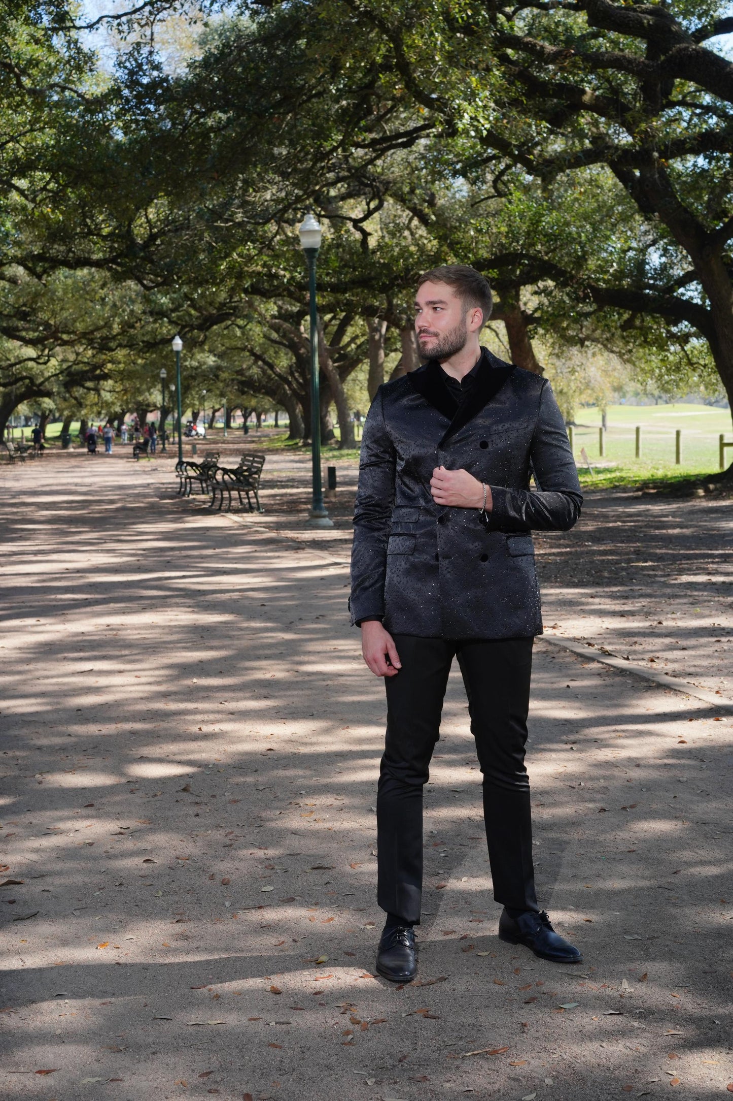 Luxurious black textured tuxedo styling