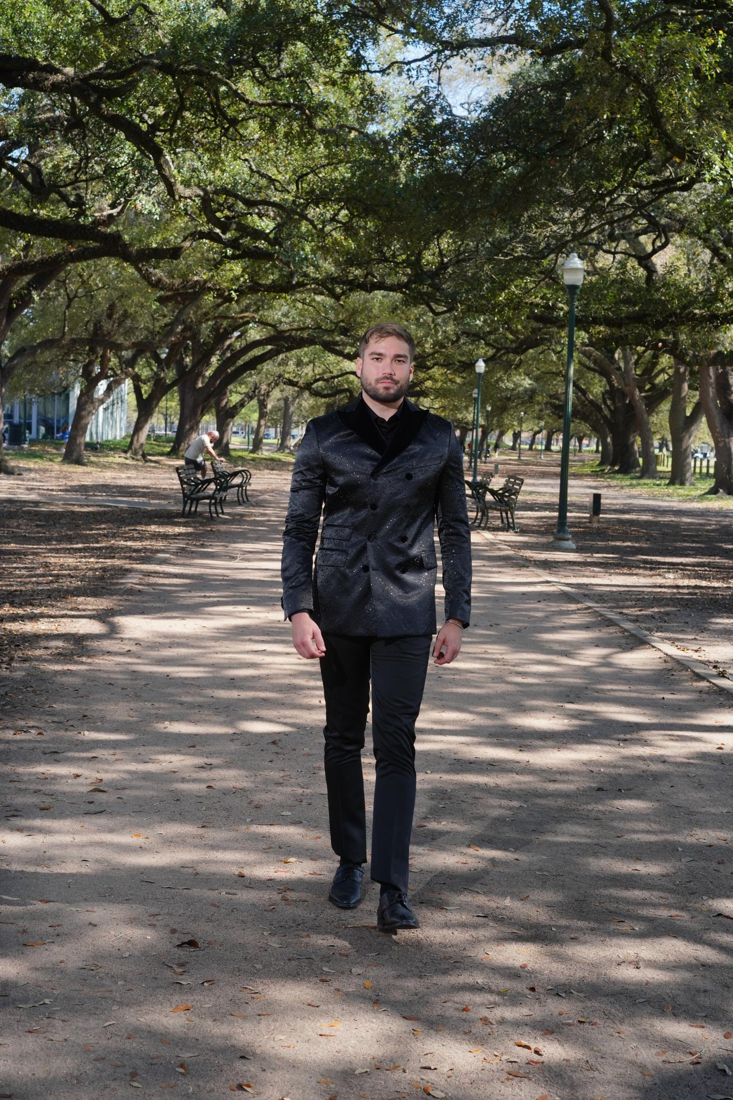 Luxurious black textured tuxedo styling