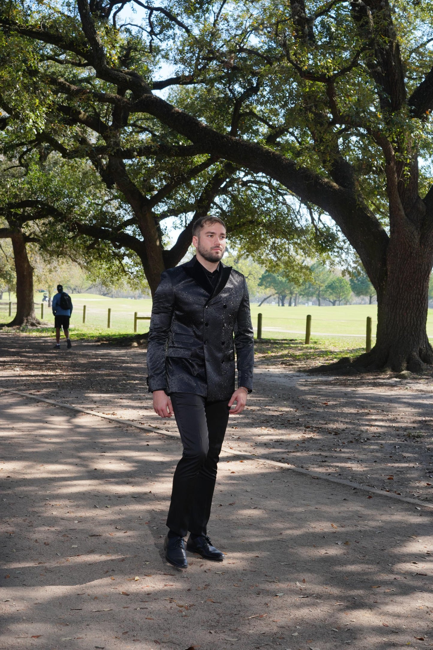 Luxurious black textured tuxedo styling