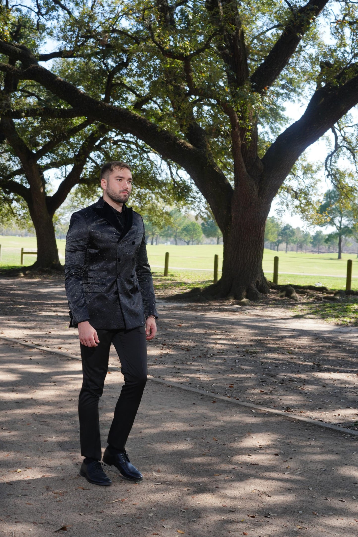 Luxurious black textured tuxedo styling