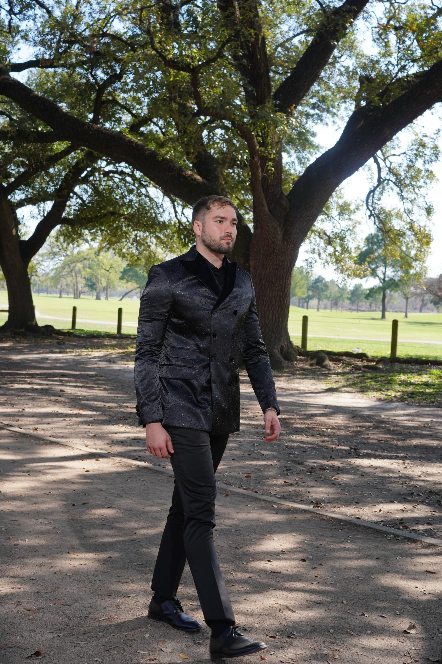 Luxurious black textured tuxedo styling