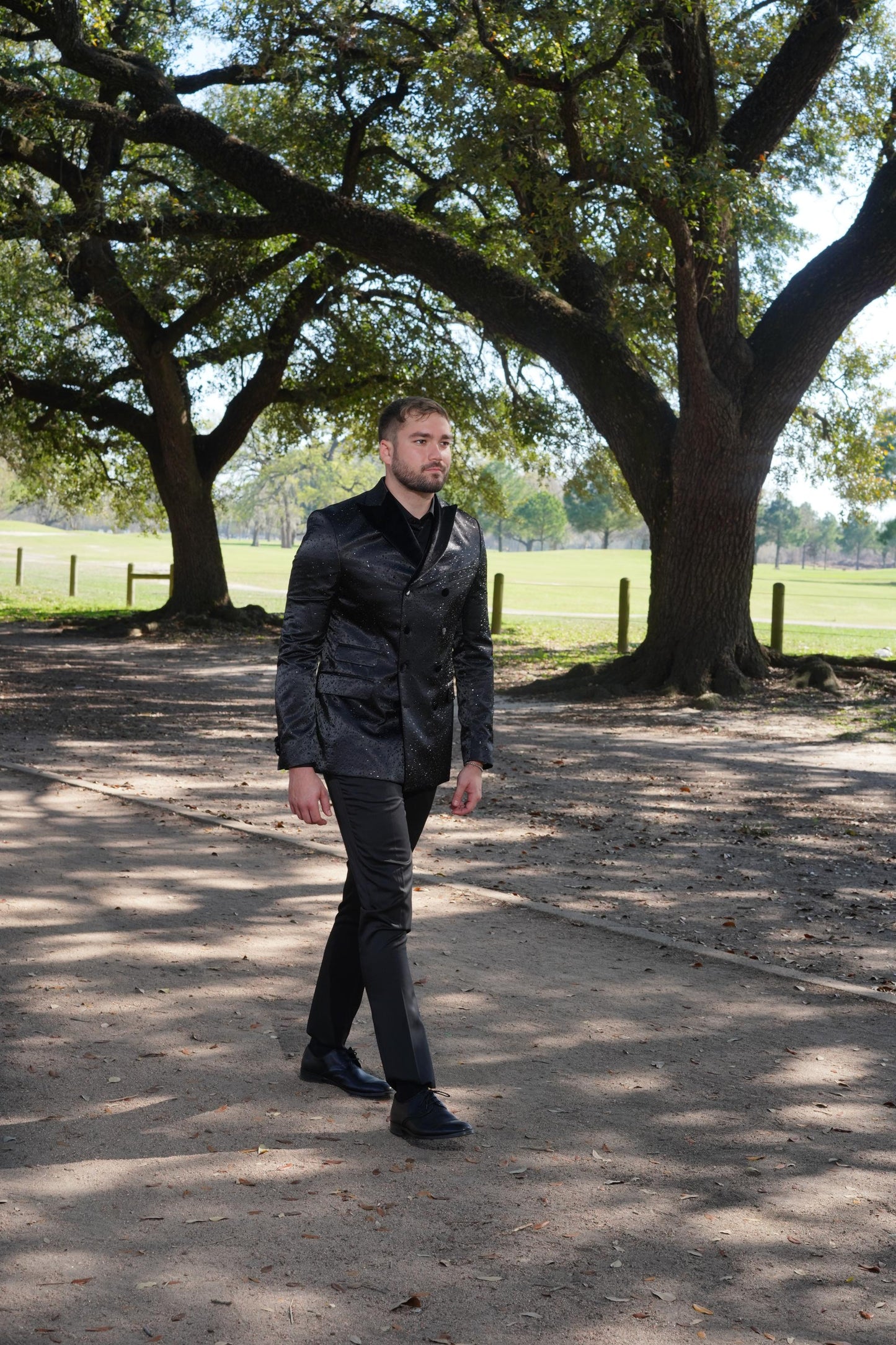 Luxurious black textured tuxedo styling