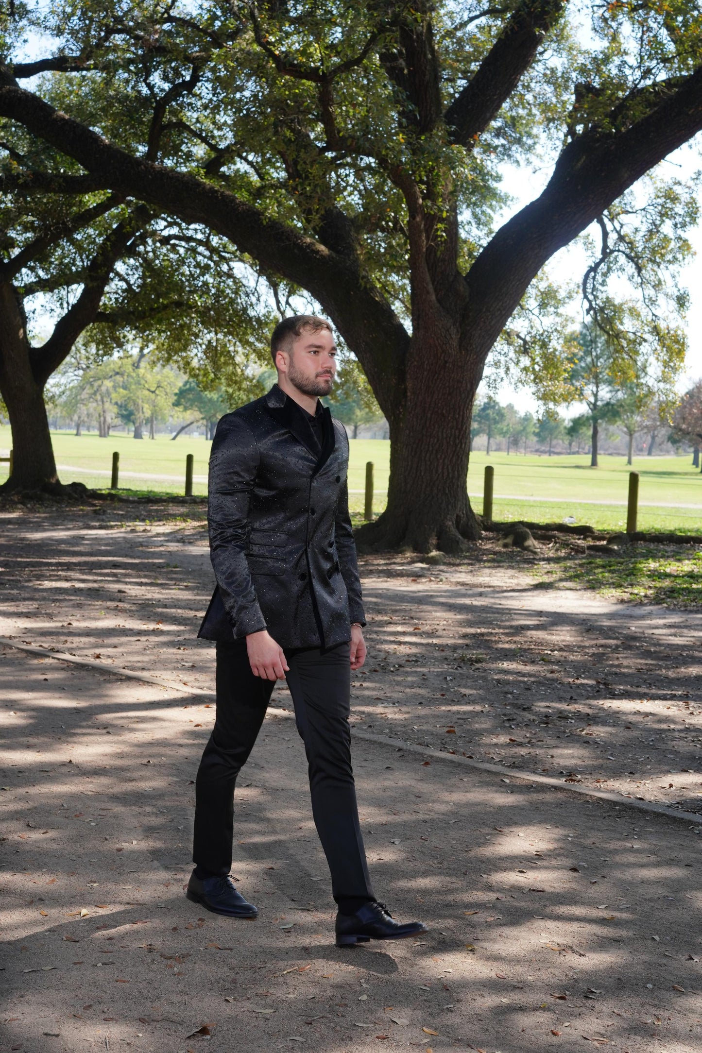 Luxurious black textured tuxedo styling