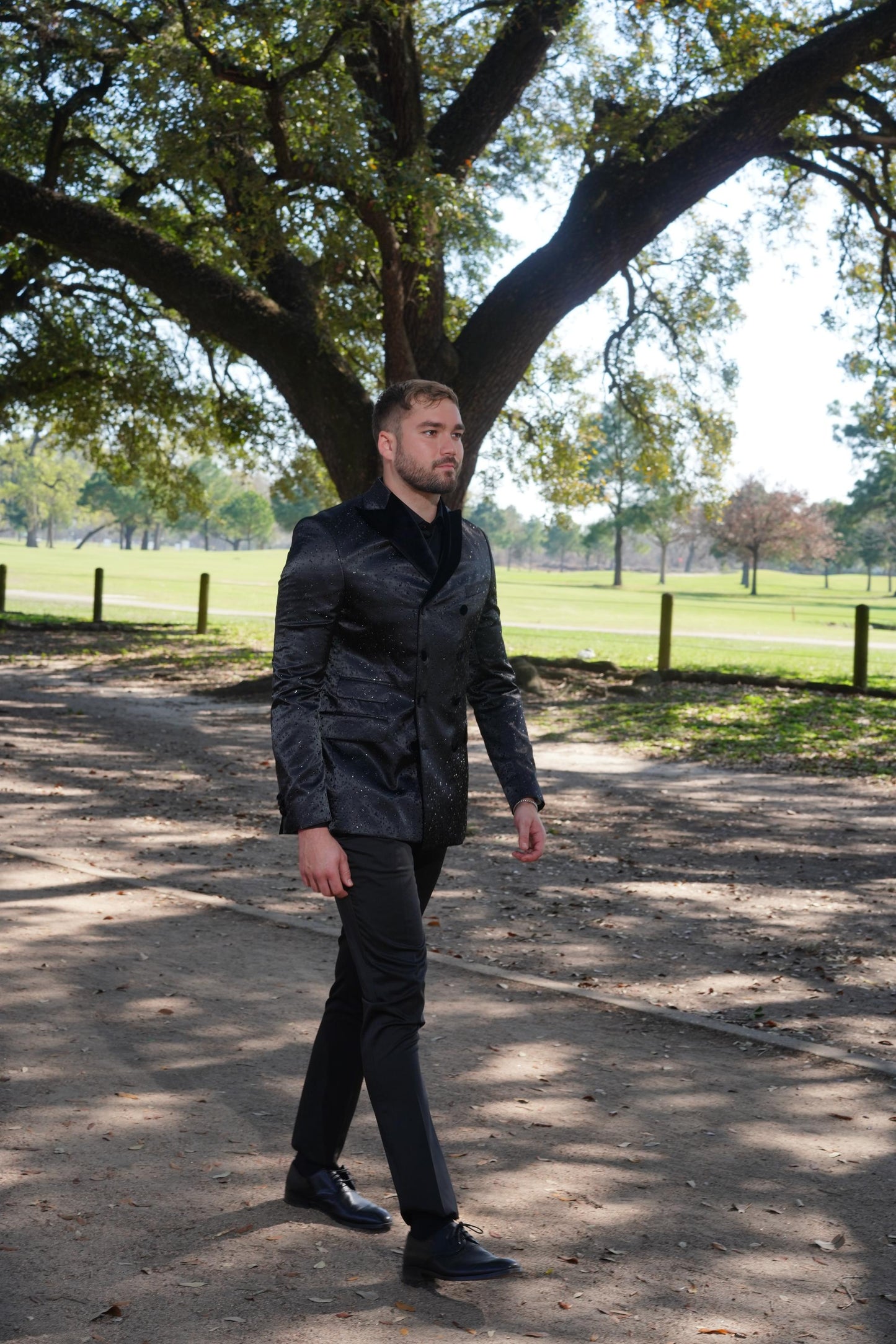 Luxurious black textured tuxedo styling
