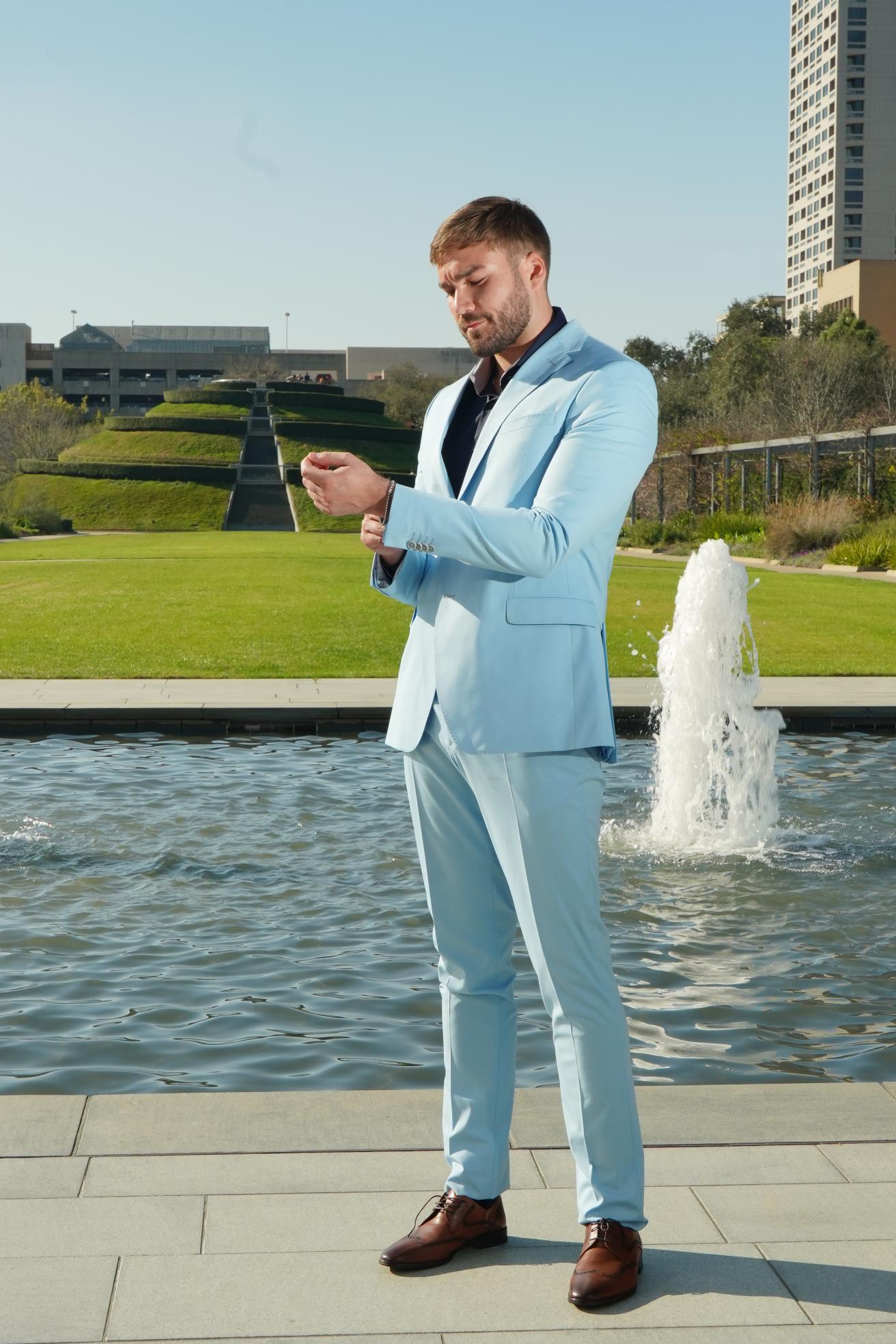 Sky Blue Slim Fit Prom Suit for Men