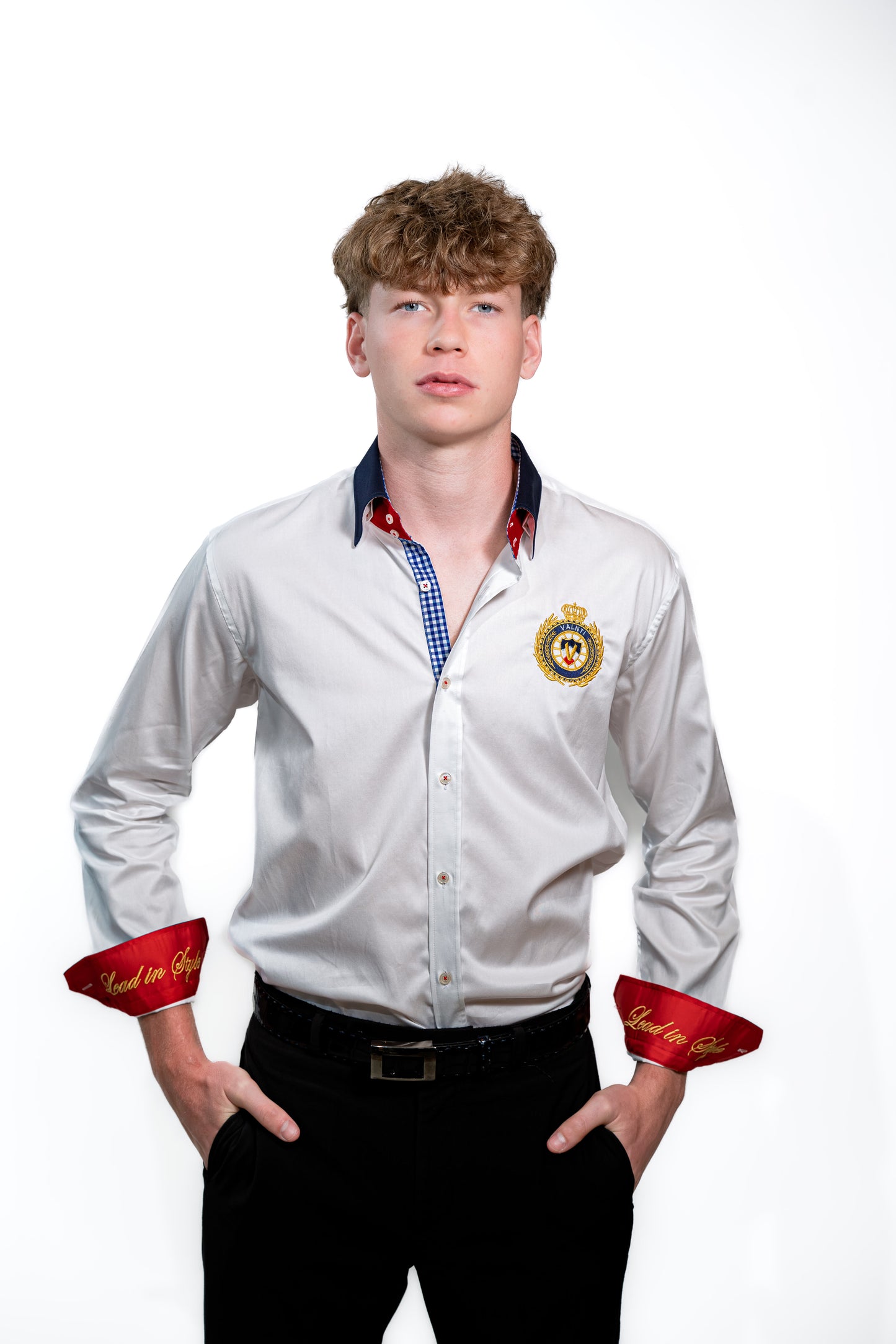 Valnti White Button-Up Shirt with Red Cuffs and Lead in Style Embroidered Crest
