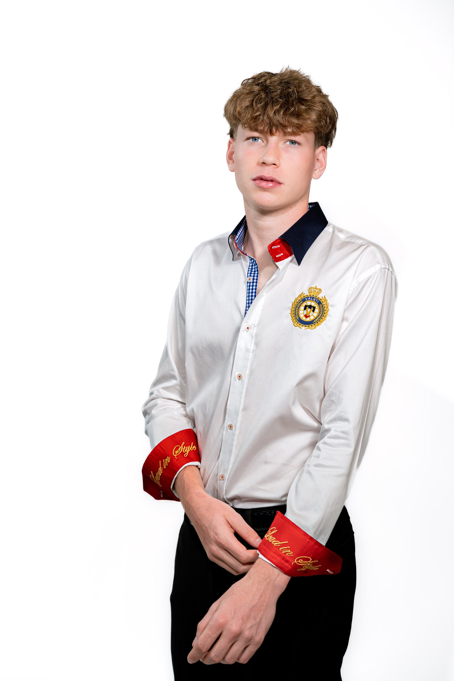 Valnti White Button-Up Shirt with Red Cuffs and Lead in Style Embroidered Crest