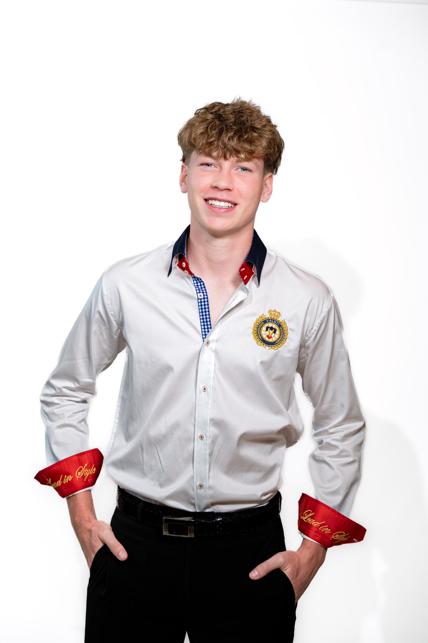 Valnti White Button-Up Shirt with Red Cuffs and Lead in Style Embroidered Crest