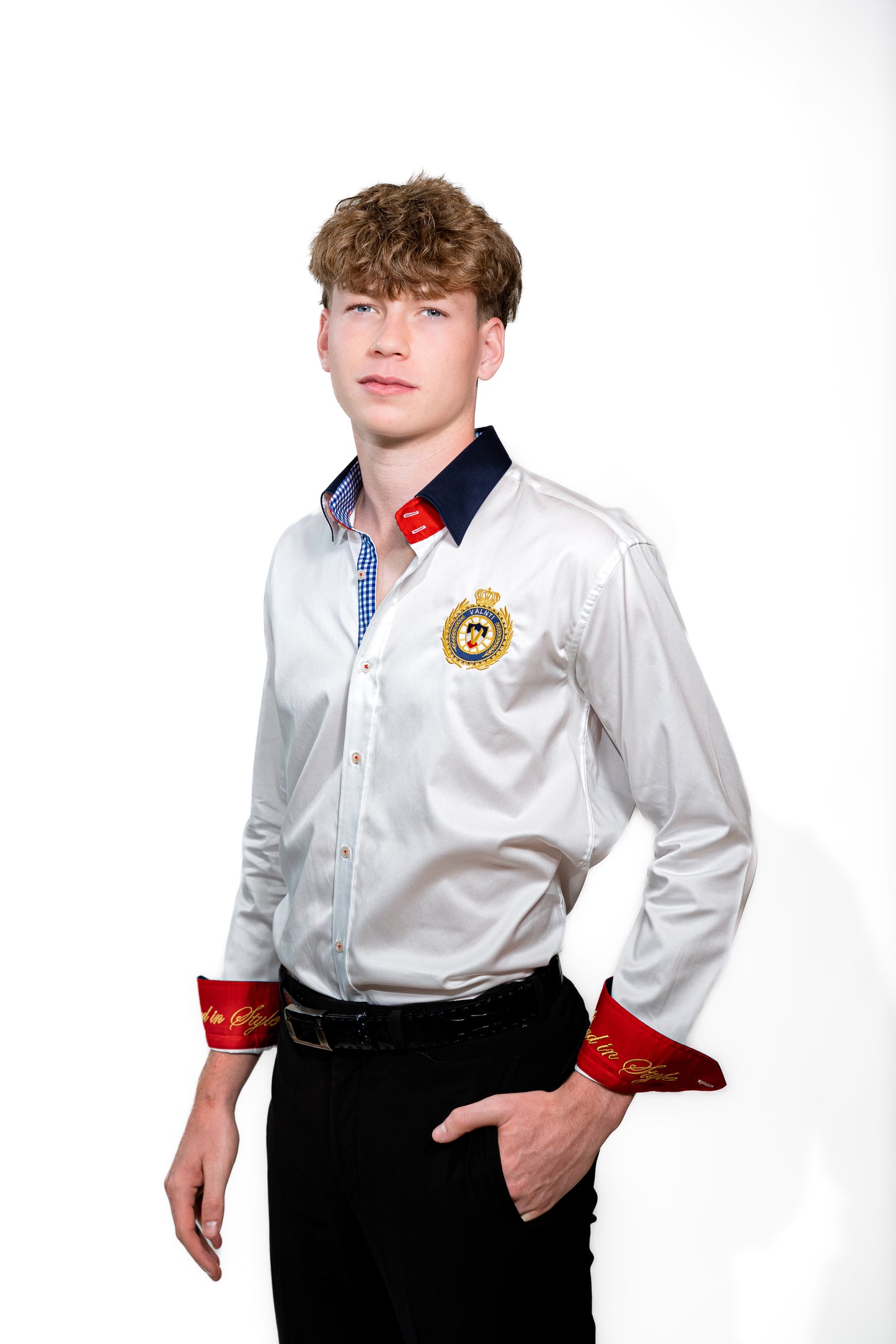 Valnti White Button-Up Shirt with Red Cuffs and Lead in Style Embroidered Crest