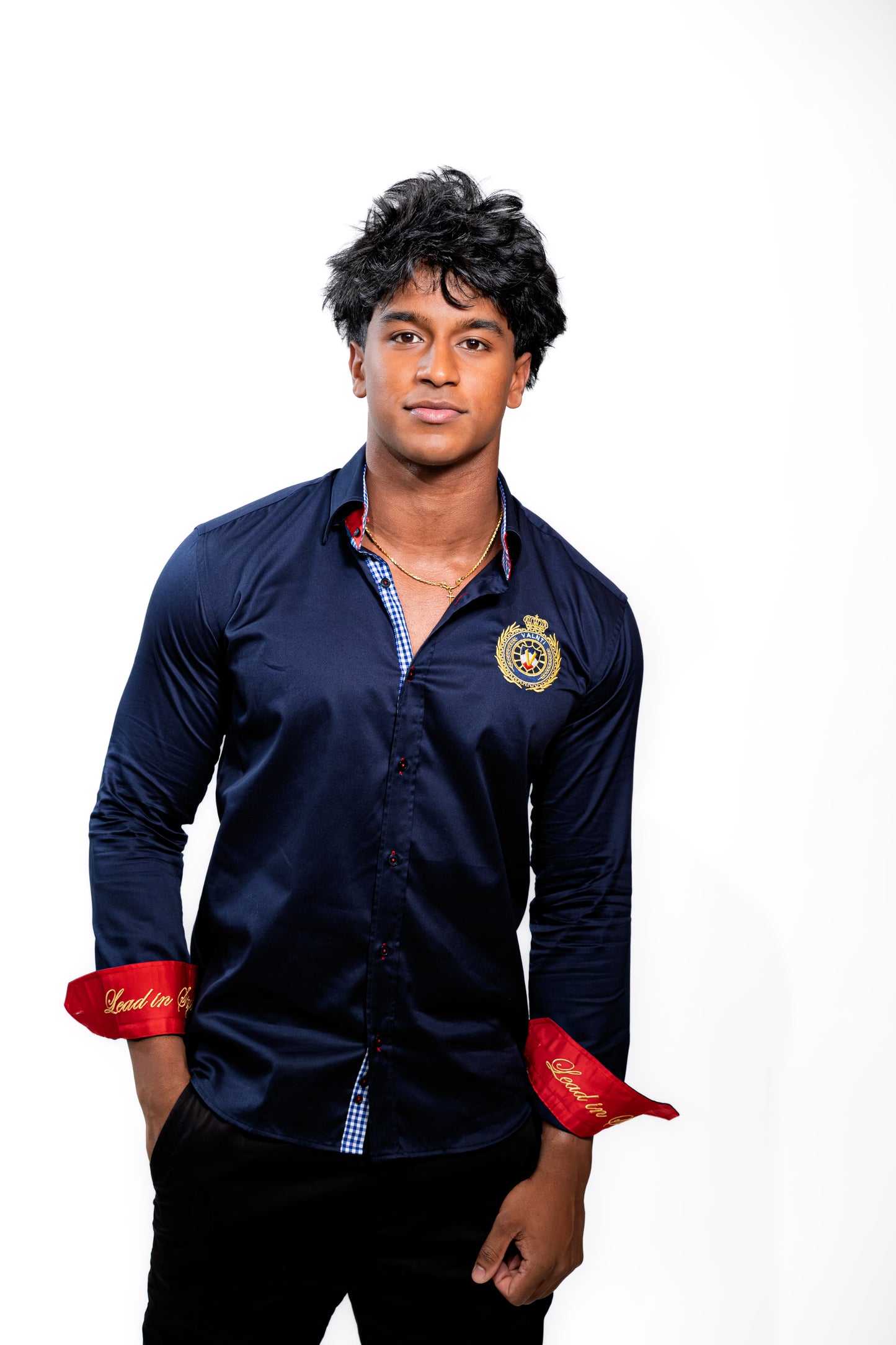 Valnti Navy Blue Button-Up Shirt with Red Cuffs and Lead in Style Embroidered Crest