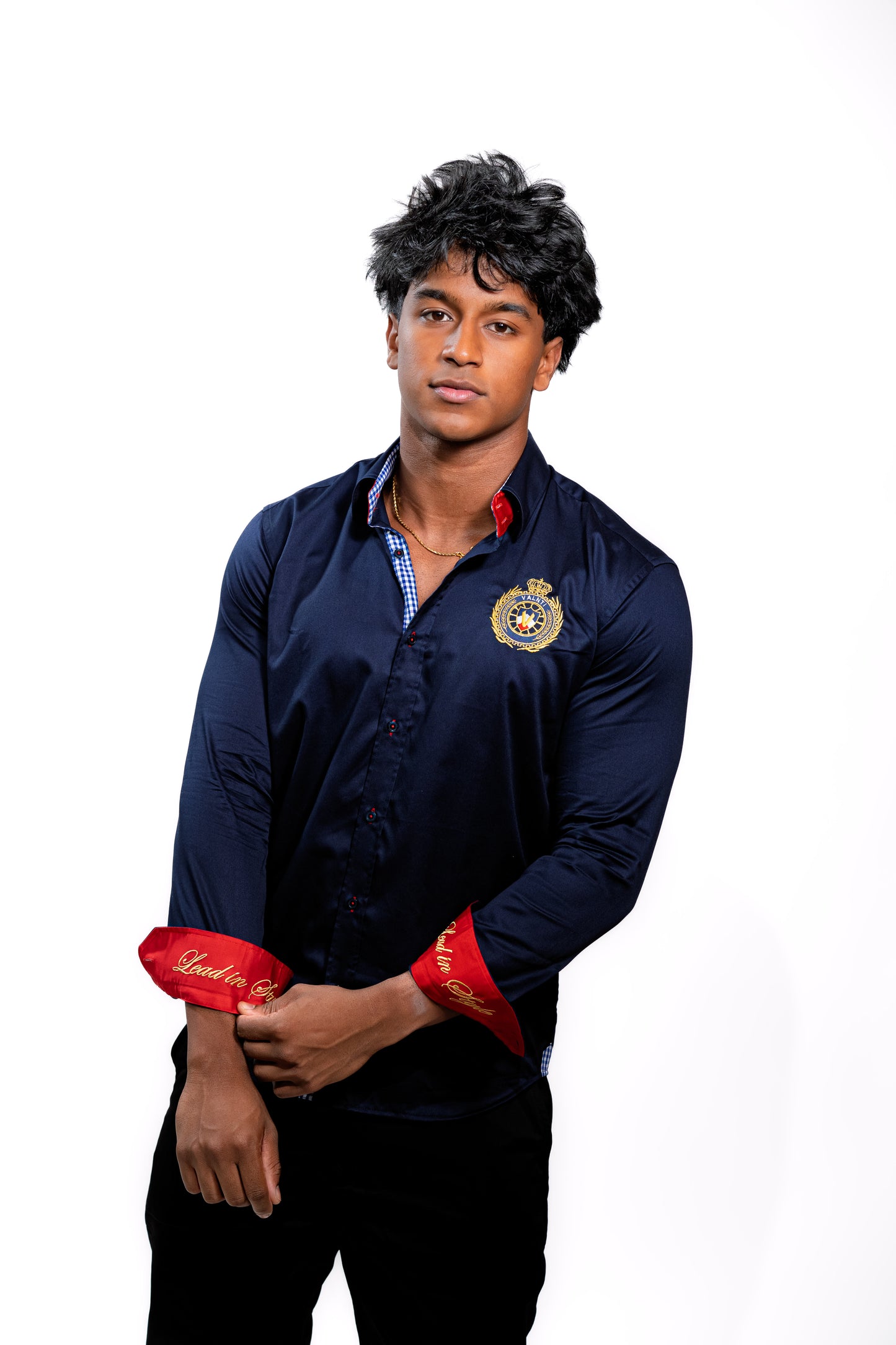 Valnti Navy Blue Button-Up Shirt with Red Cuffs and Lead in Style Embroidered Crest