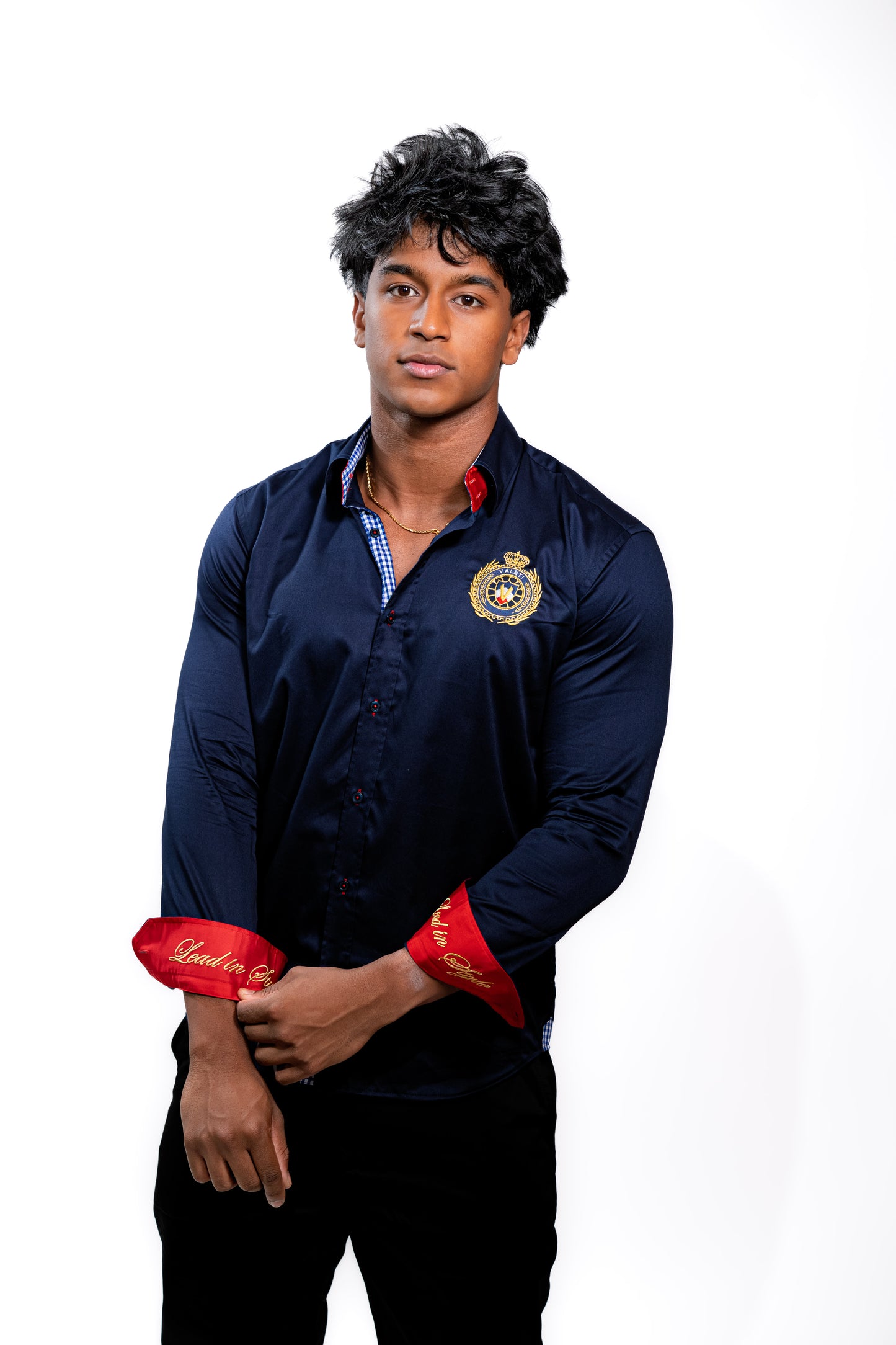 Valnti Navy Blue Button-Up Shirt with Red Cuffs and Lead in Style Embroidered Crest