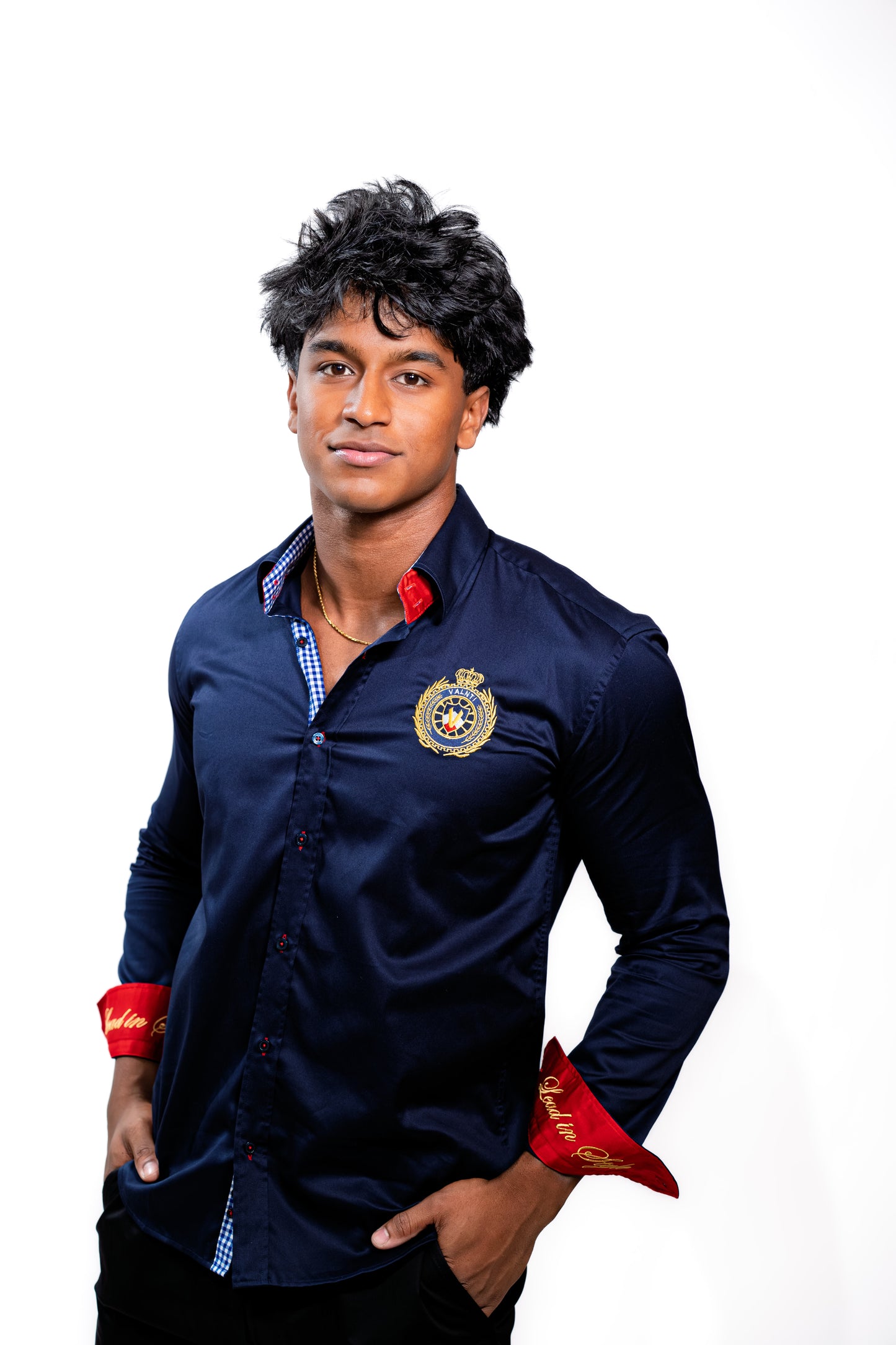 Valnti Navy Blue Button-Up Shirt with Red Cuffs and Lead in Style Embroidered Crest