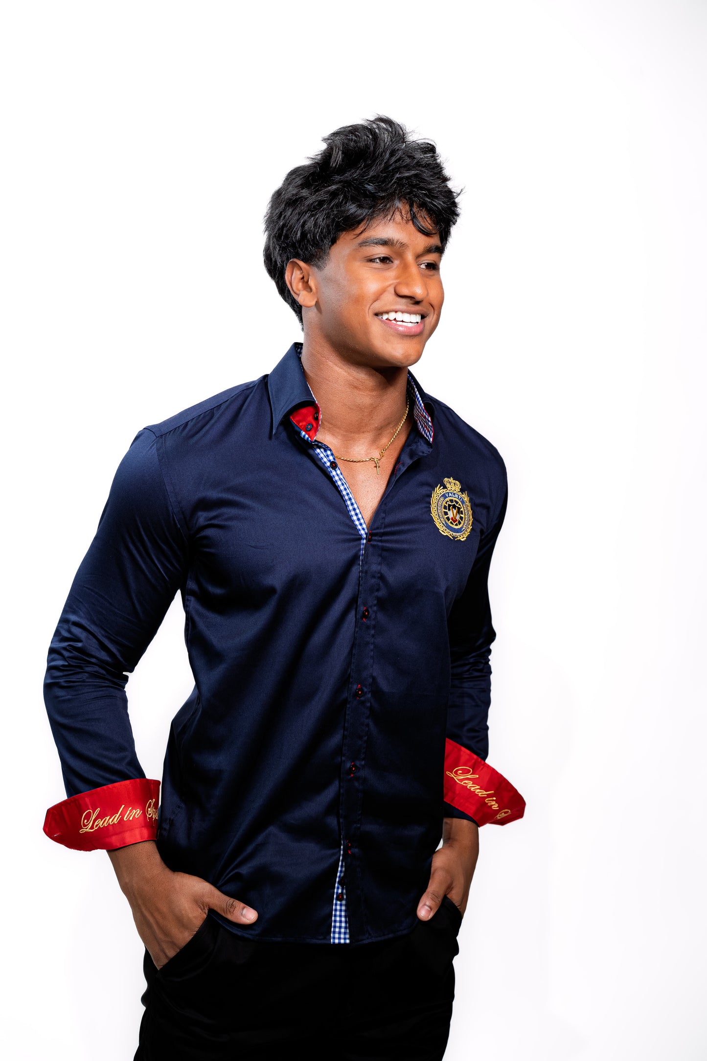 Valnti Navy Blue Button-Up Shirt with Red Cuffs and Lead in Style Embroidered Crest