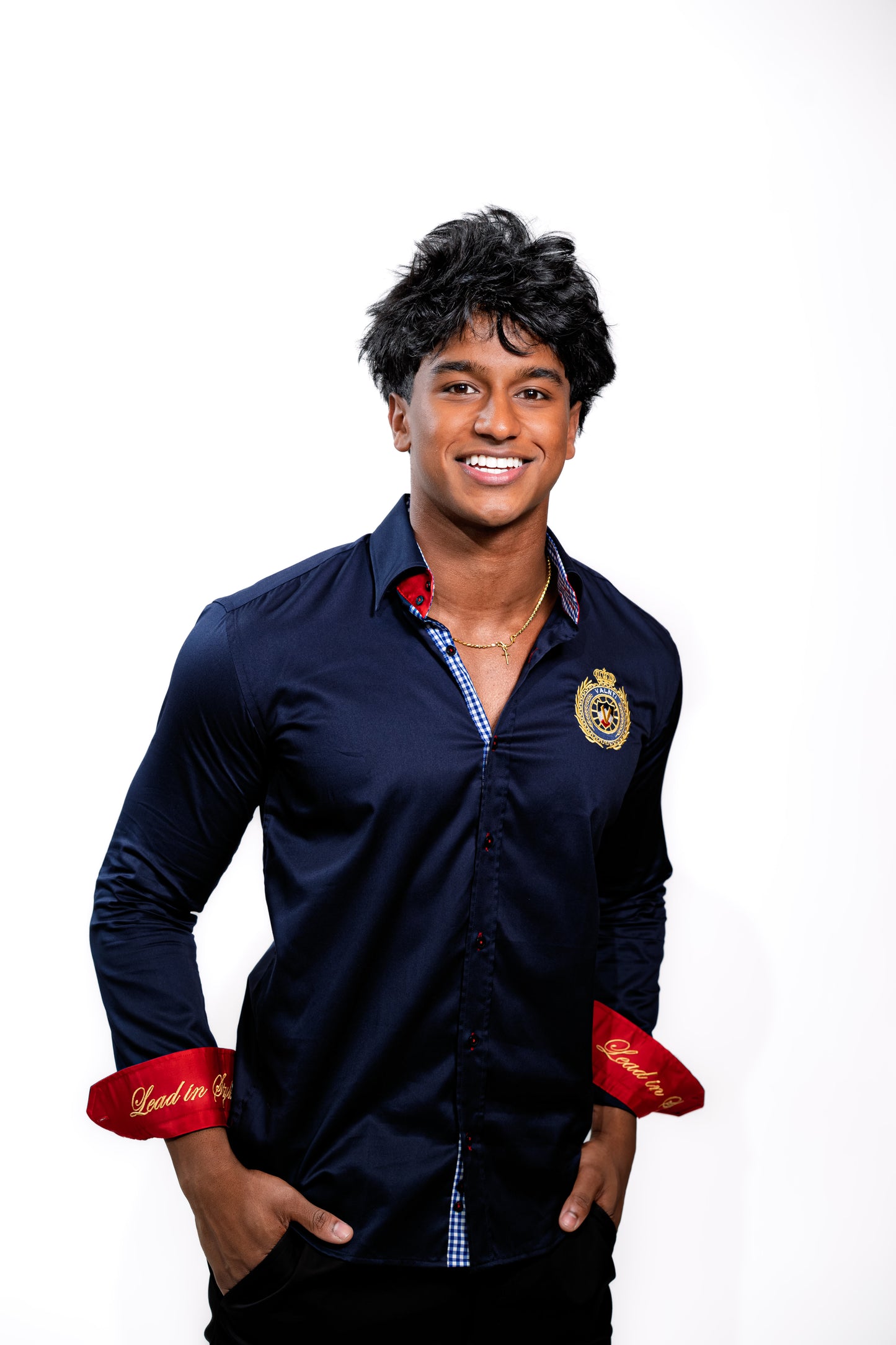Valnti Navy Blue Button-Up Shirt with Red Cuffs and Lead in Style Embroidered Crest
