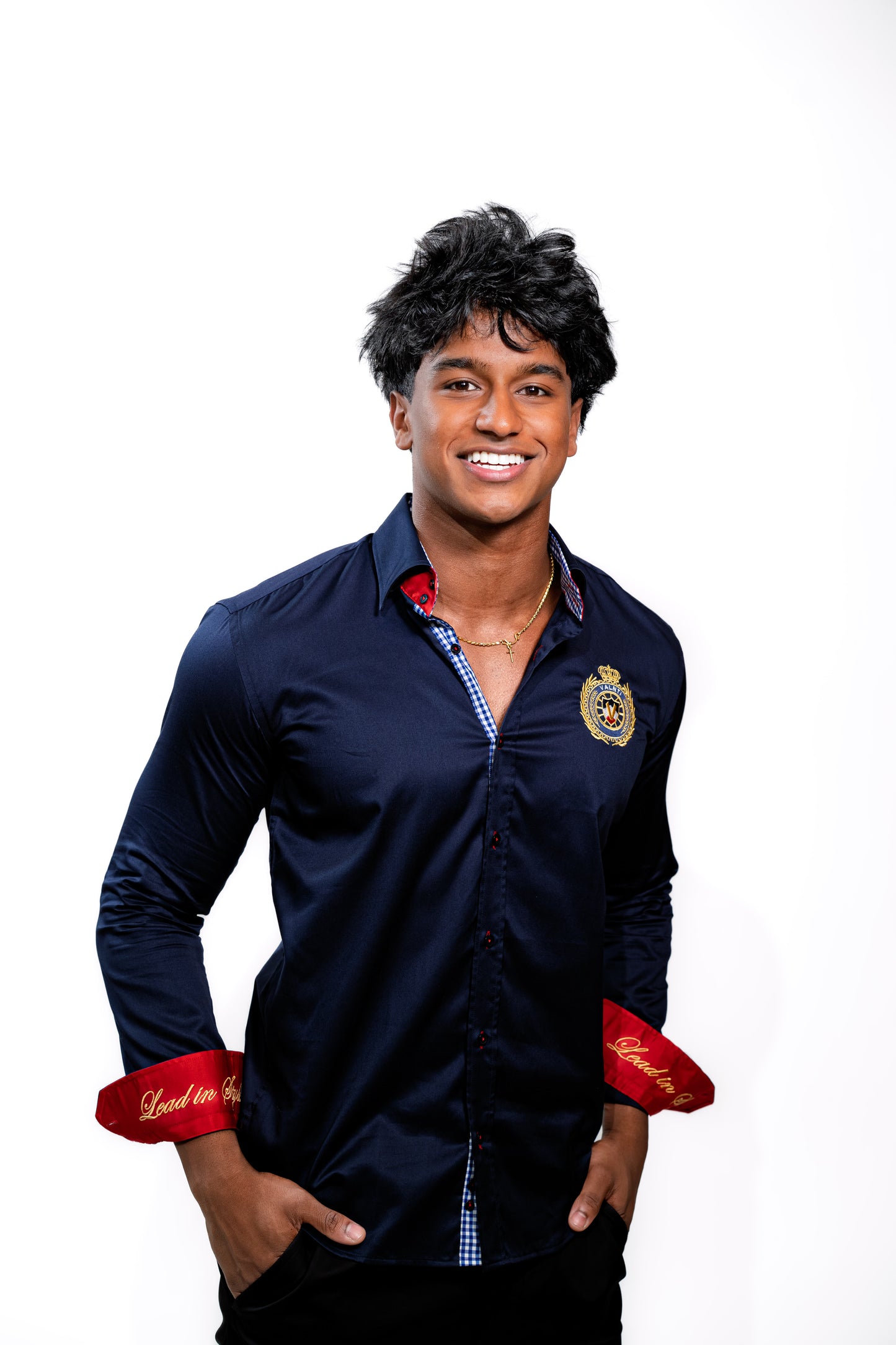 Valnti Navy Blue Button-Up Shirt with Red Cuffs and Lead in Style Embroidered Crest