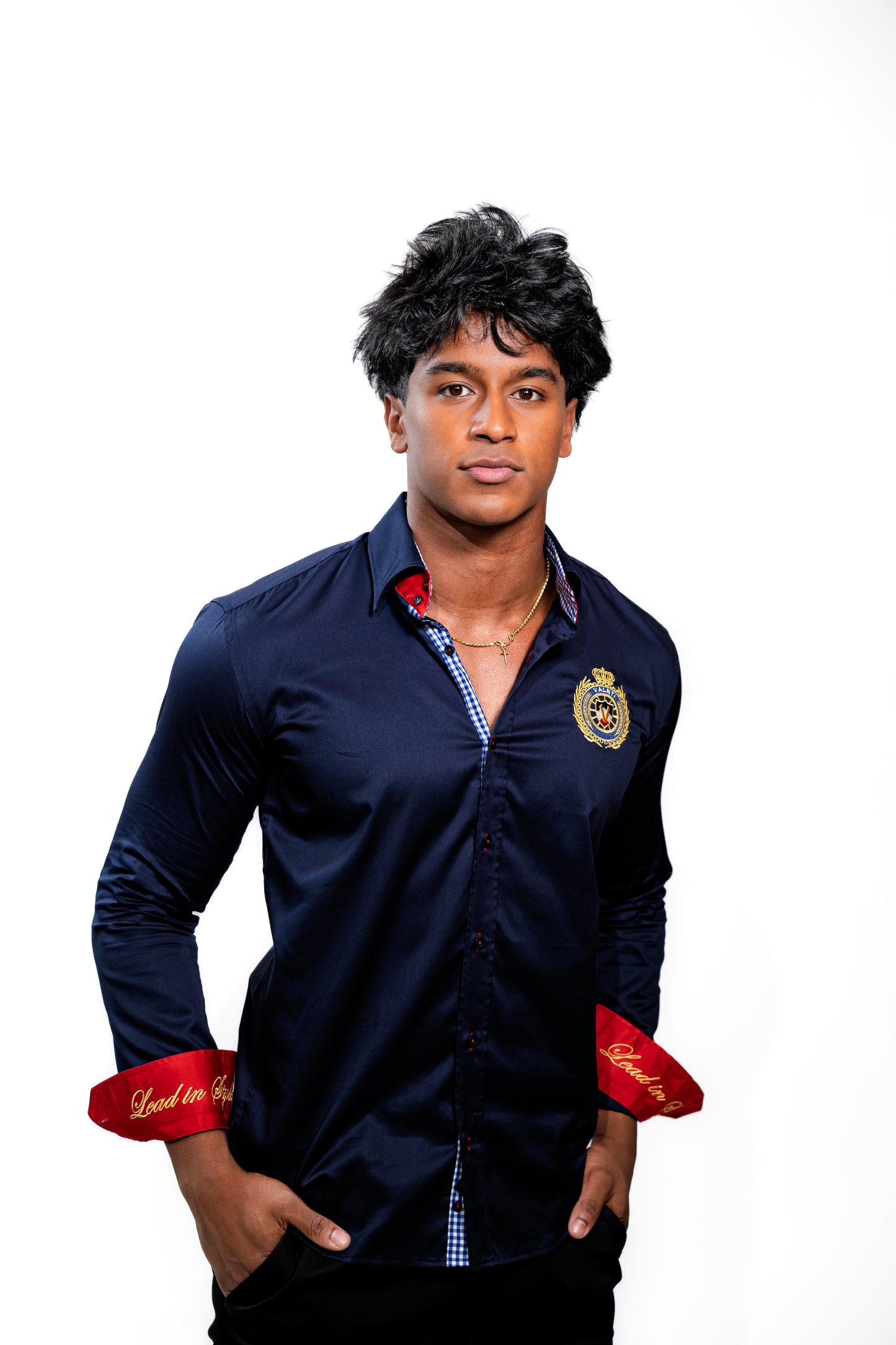 Valnti Navy Blue Button-Up Shirt with Red Cuffs and Lead in Style Embroidered Crest