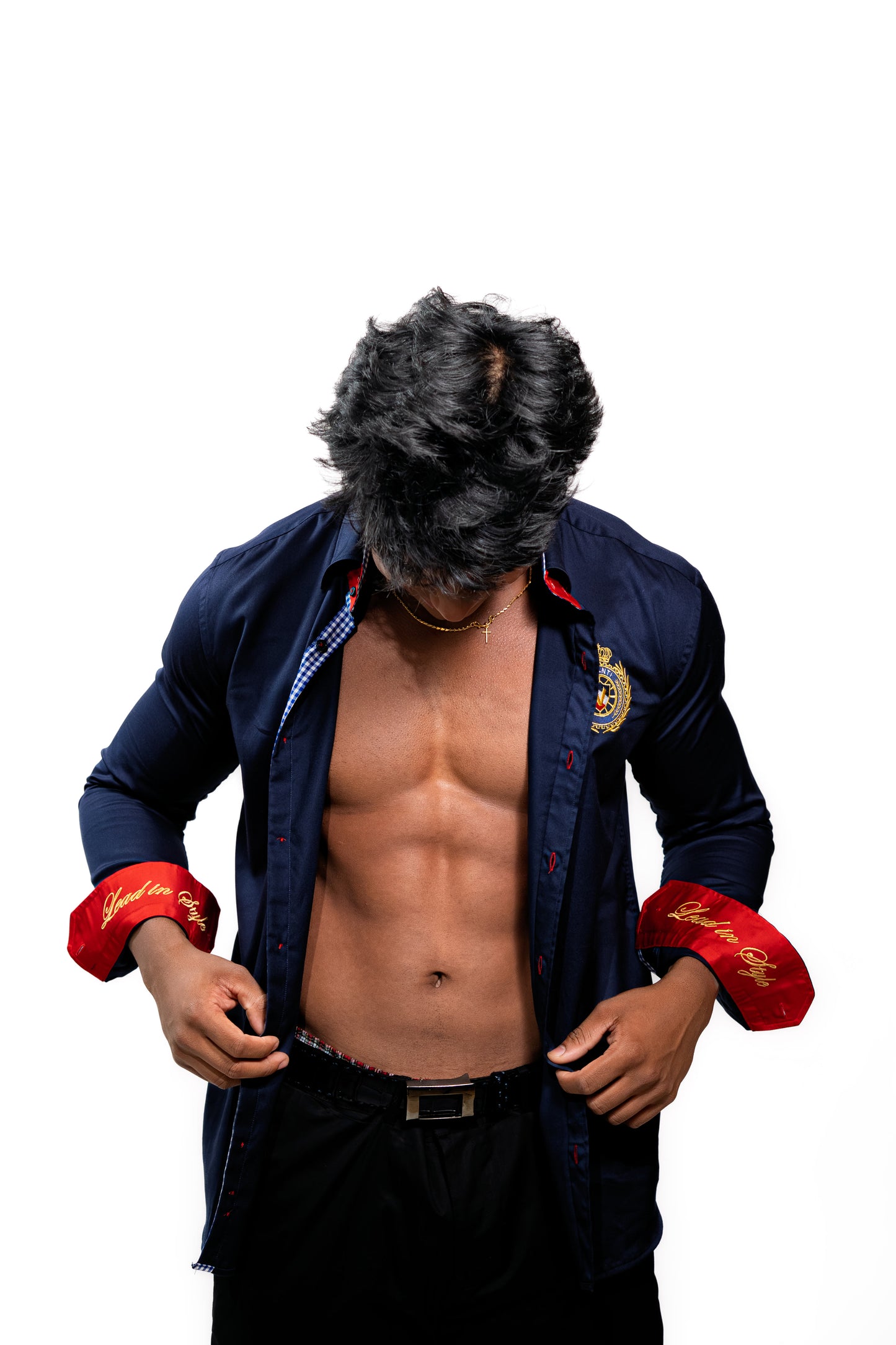 Valnti Navy Blue Button-Up Shirt with Red Cuffs and Lead in Style Embroidered Crest
