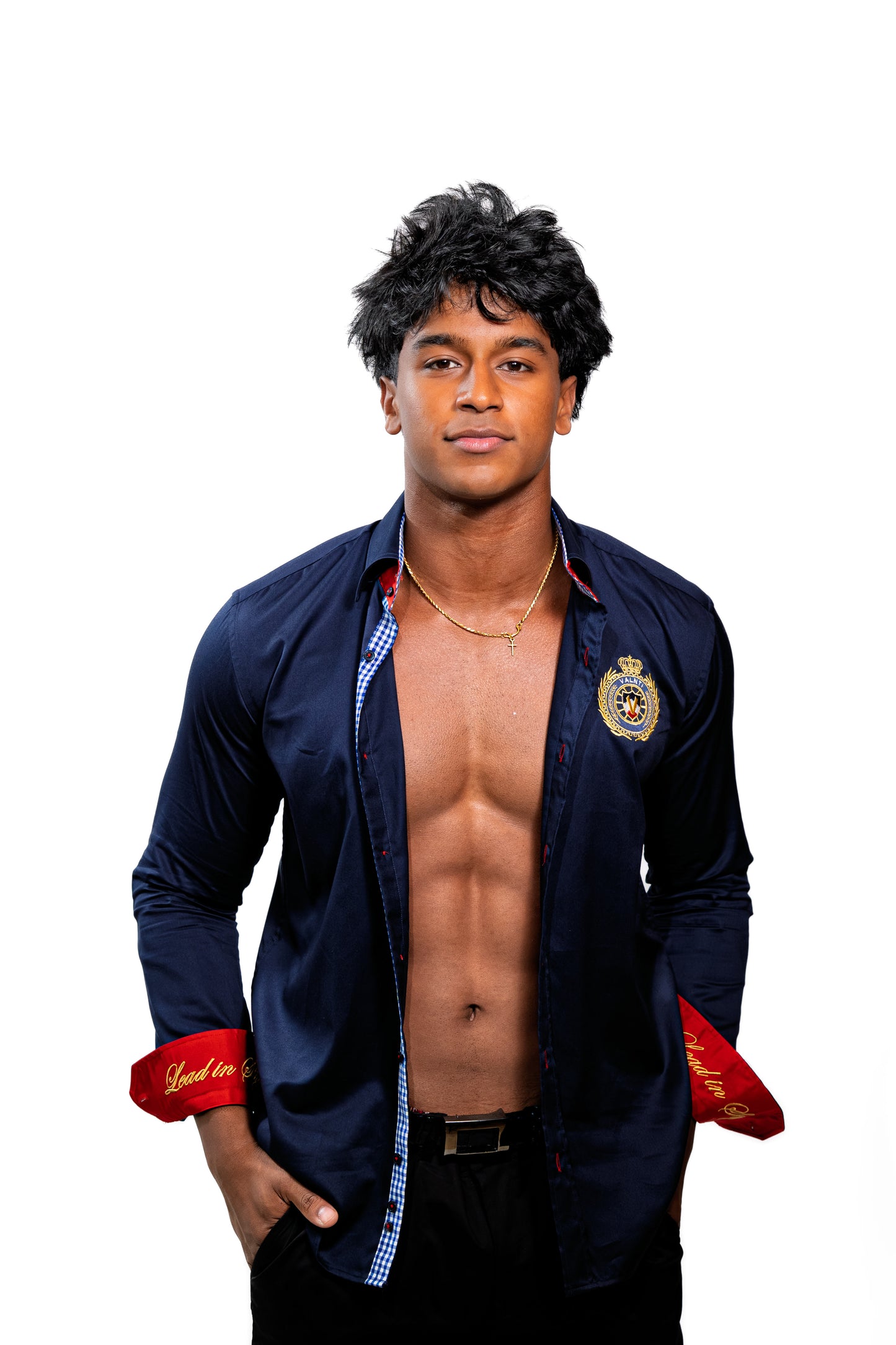 Valnti Navy Blue Button-Up Shirt with Red Cuffs and Lead in Style Embroidered Crest
