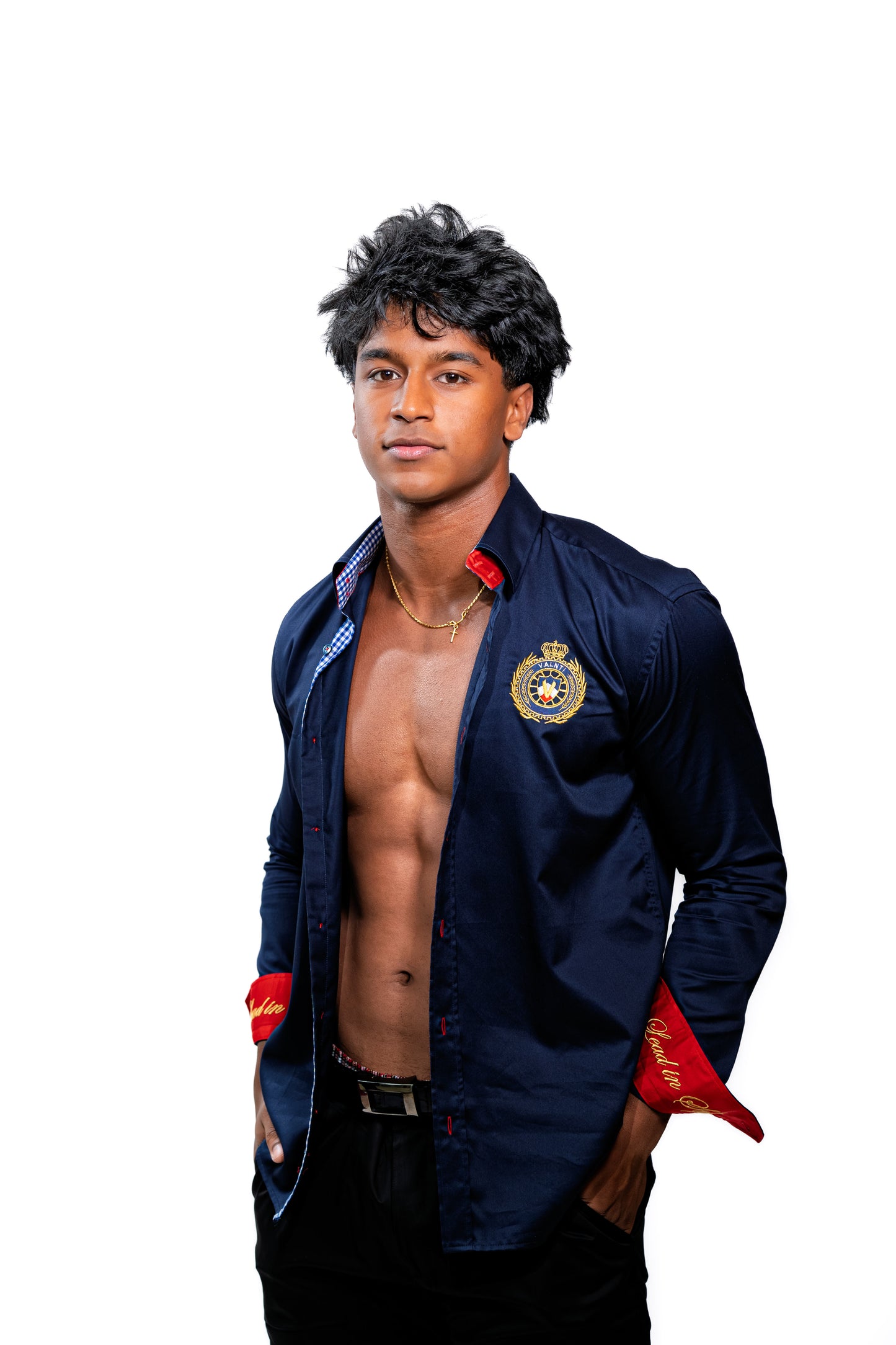 Valnti Navy Blue Button-Up Shirt with Red Cuffs and Lead in Style Embroidered Crest