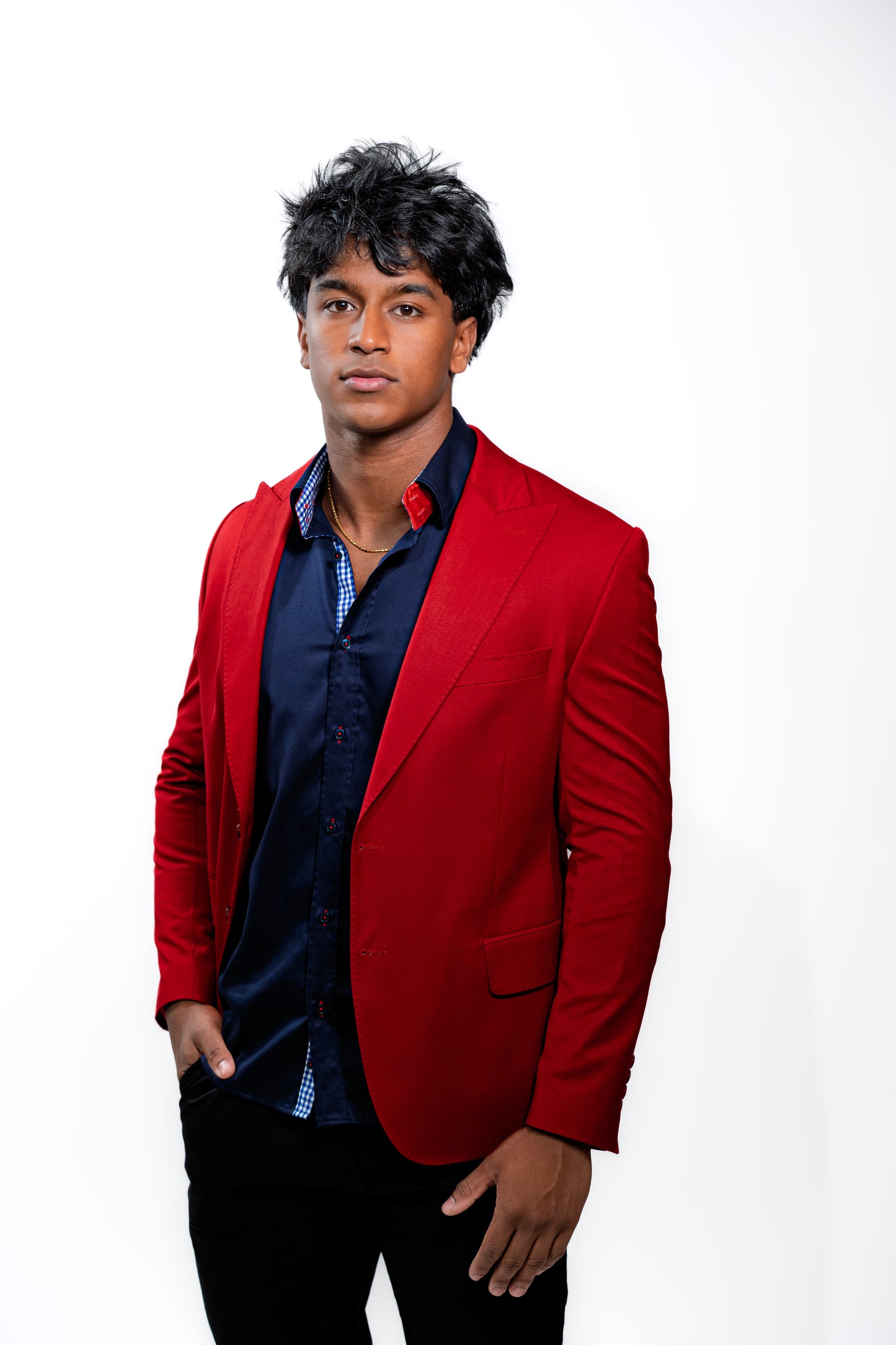 Valnti Navy Blue Button-Up Shirt with Red Cuffs and Lead in Style Embroidered Crest