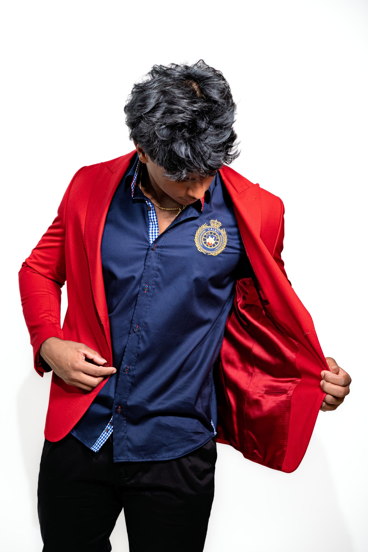 Valnti Navy Blue Button-Up Shirt with Red Cuffs and Lead in Style Embroidered Crest
