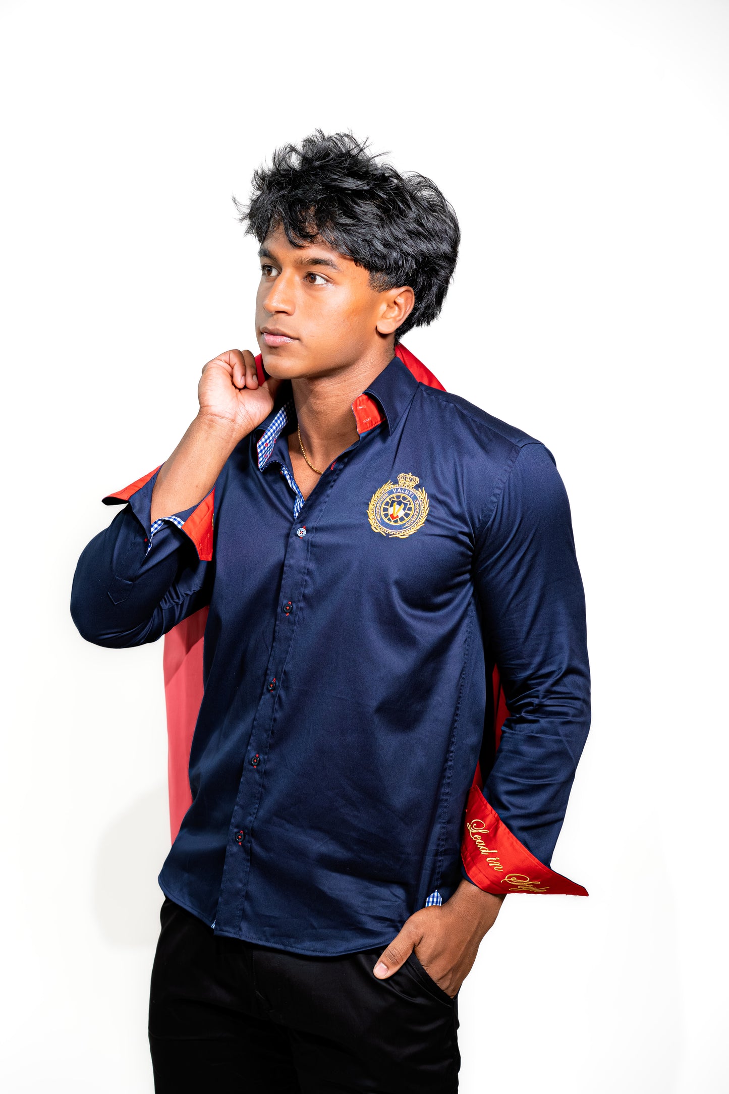 Valnti Navy Blue Button-Up Shirt with Red Cuffs and Lead in Style Embroidered Crest