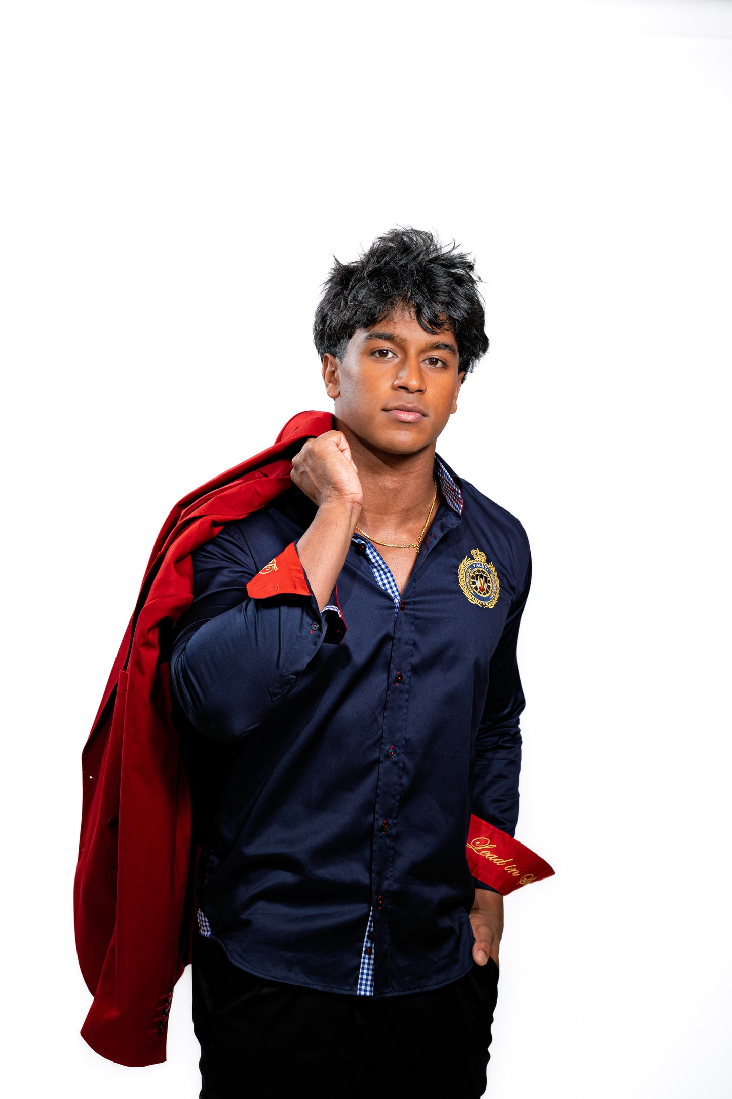 Valnti Navy Blue Button-Up Shirt with Red Cuffs and Lead in Style Embroidered Crest