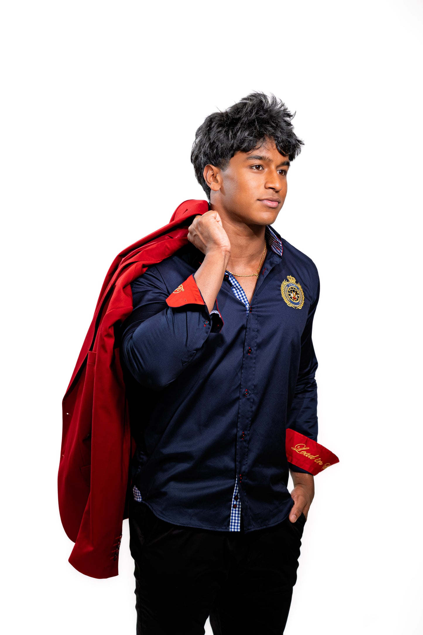 Valnti Navy Blue Button-Up Shirt with Red Cuffs and Lead in Style Embroidered Crest