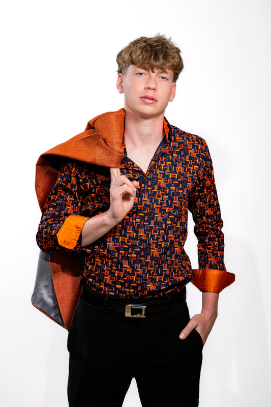 Men’s Navy & Orange Geometric Print Party Shirt