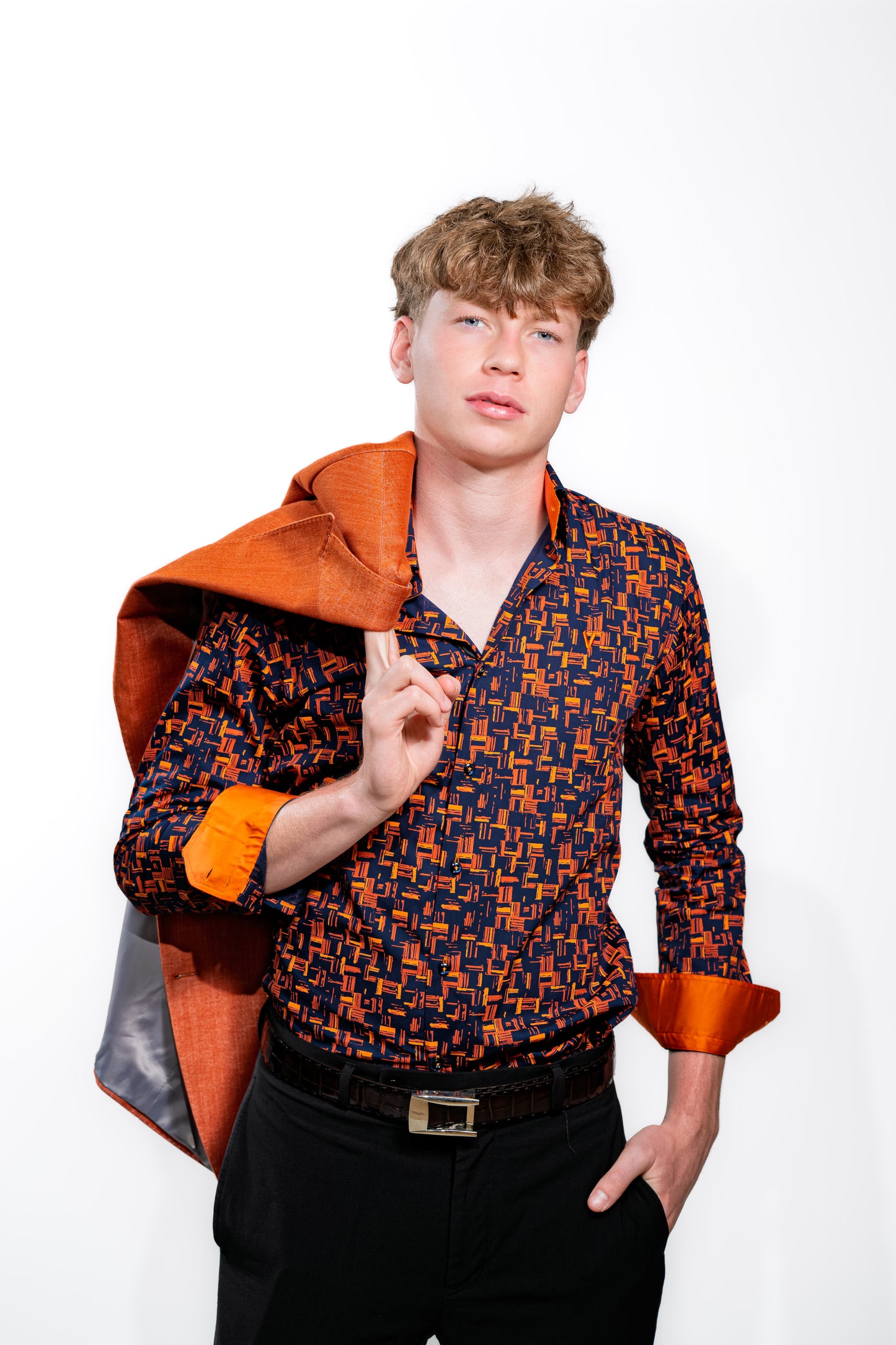 Men’s Navy & Orange Geometric Print Party Shirt