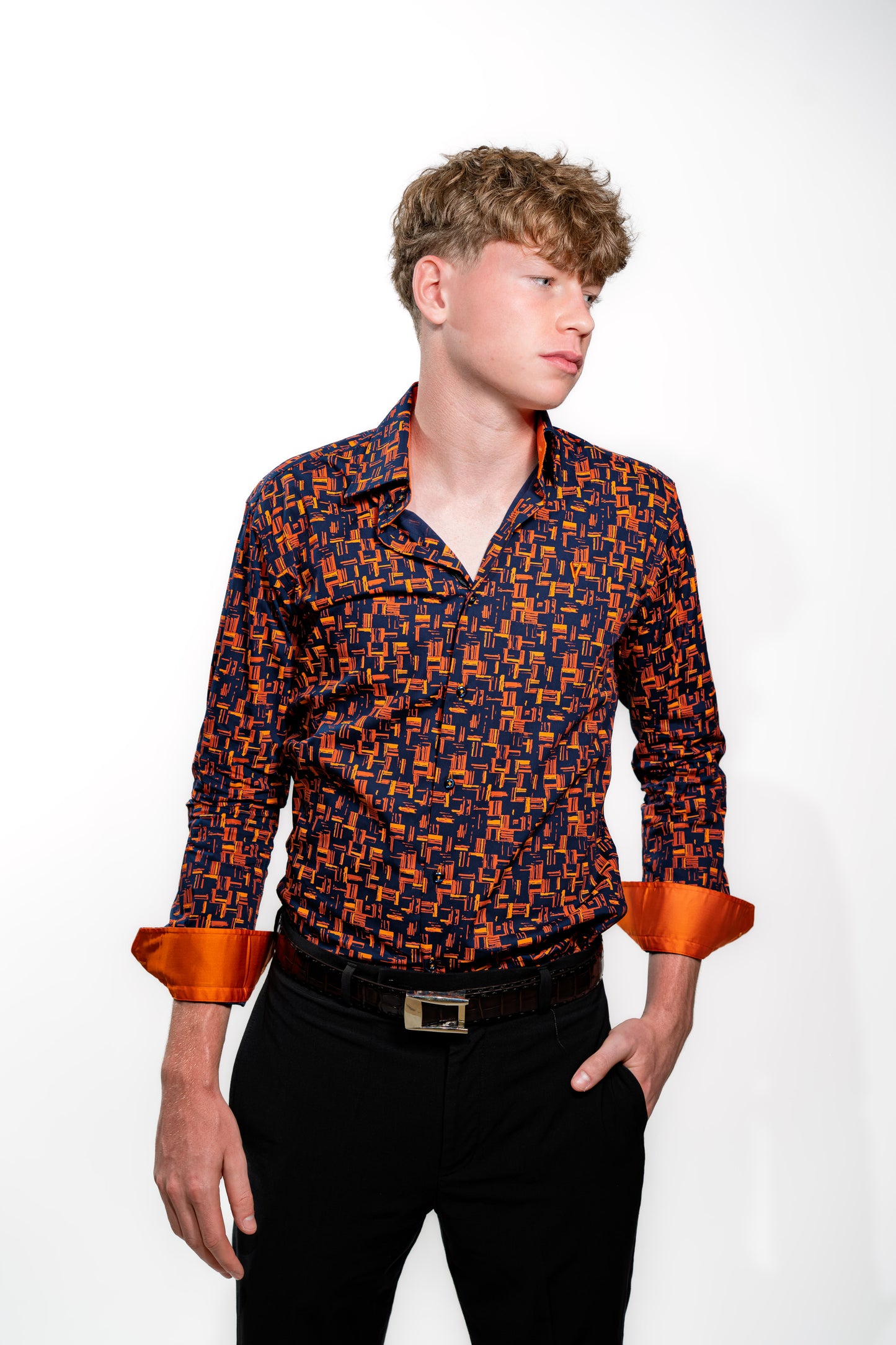 Men’s Navy & Orange Geometric Print Party Shirt