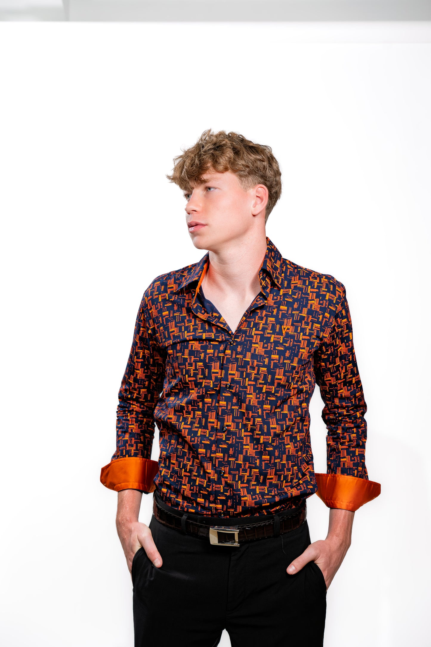 Men’s Navy & Orange Geometric Print Party Shirt
