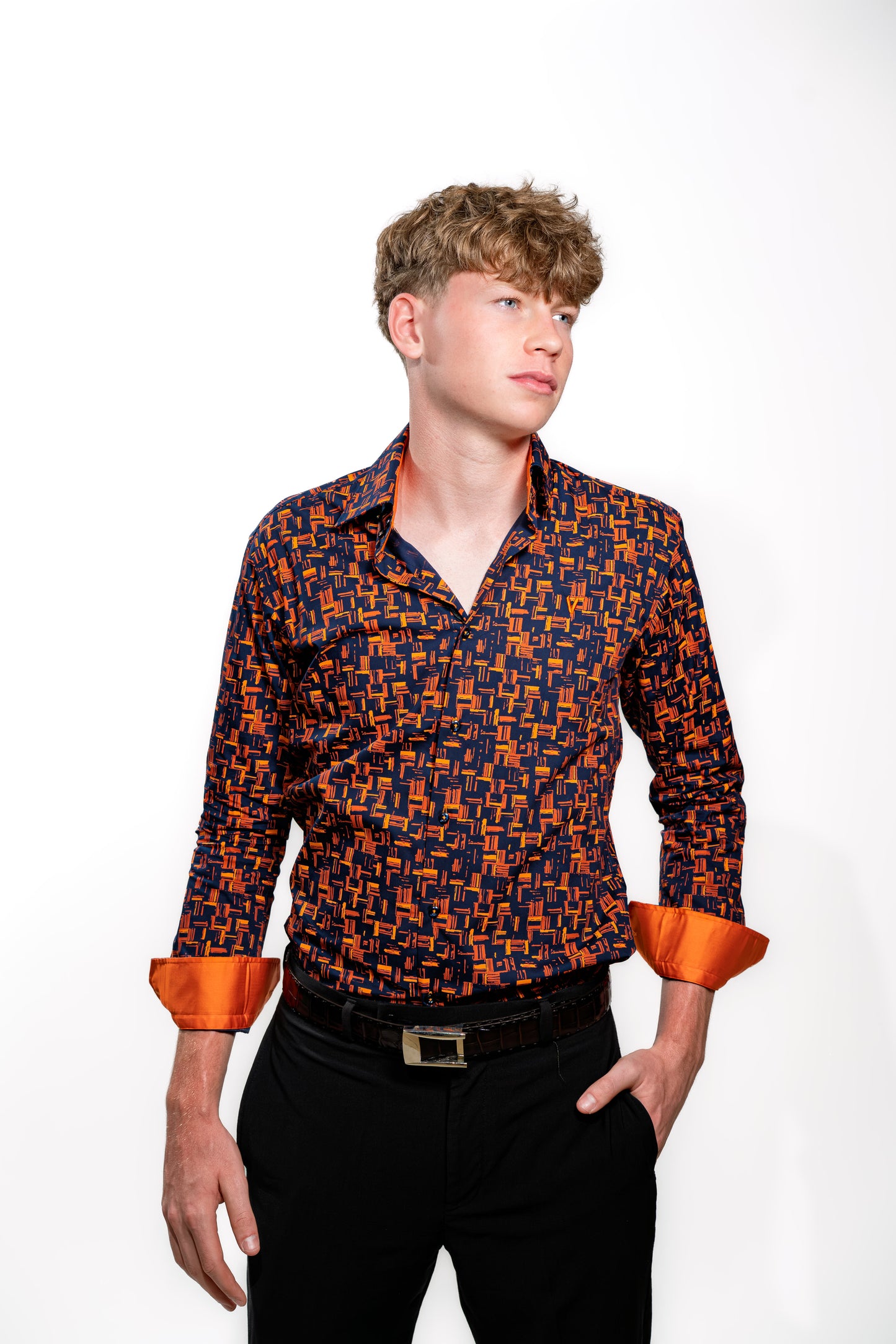 Men’s Navy & Orange Geometric Print Party Shirt