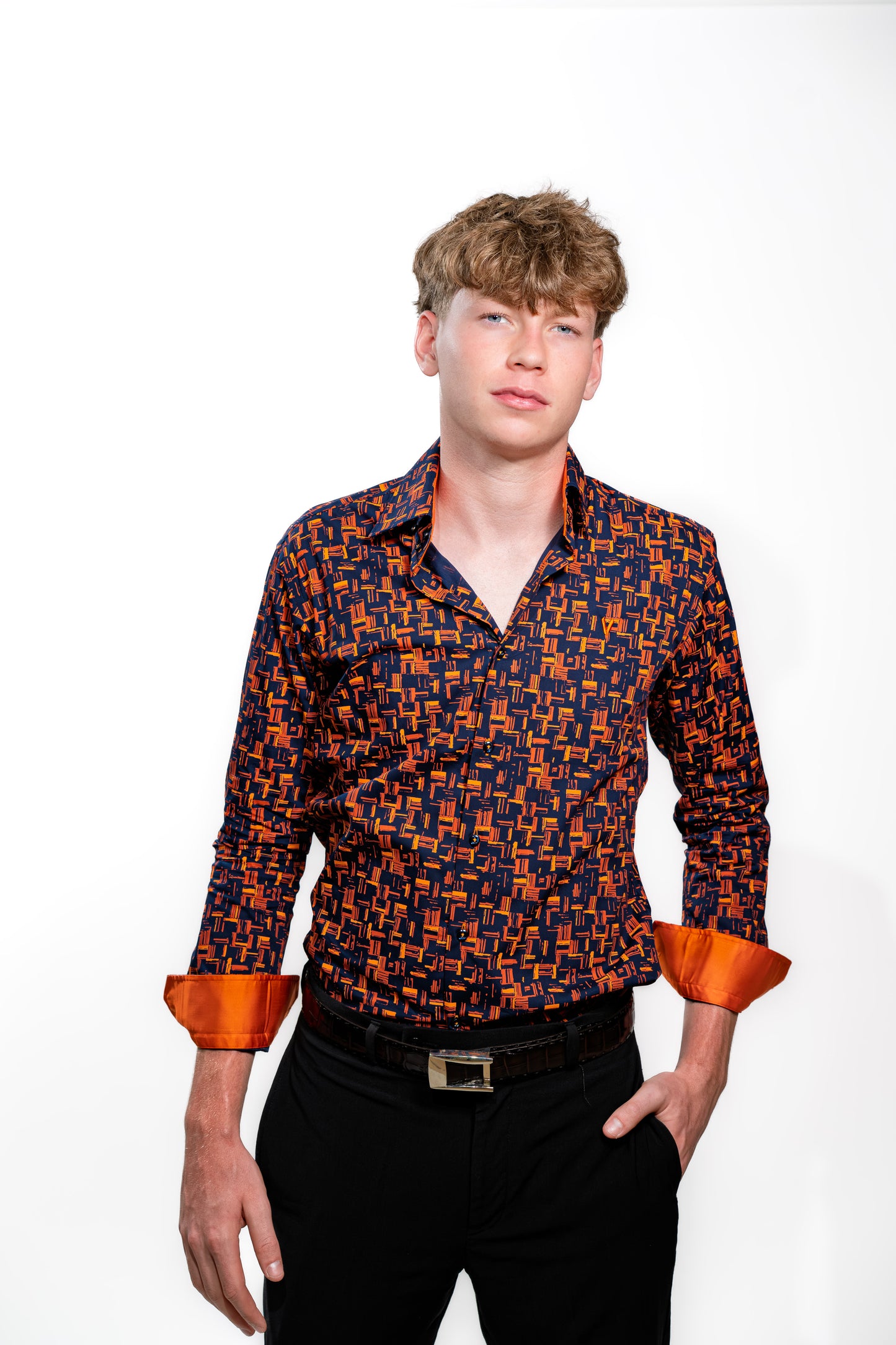 Men’s Navy & Orange Geometric Print Party Shirt