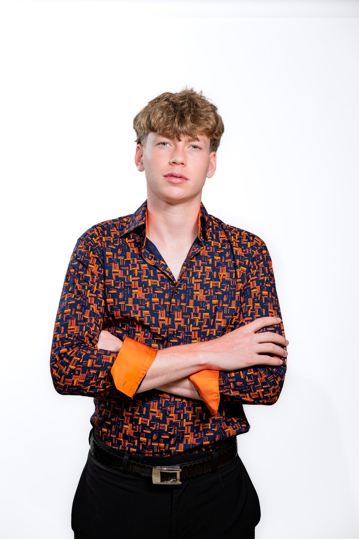 Men’s Navy & Orange Geometric Print Party Shirt
