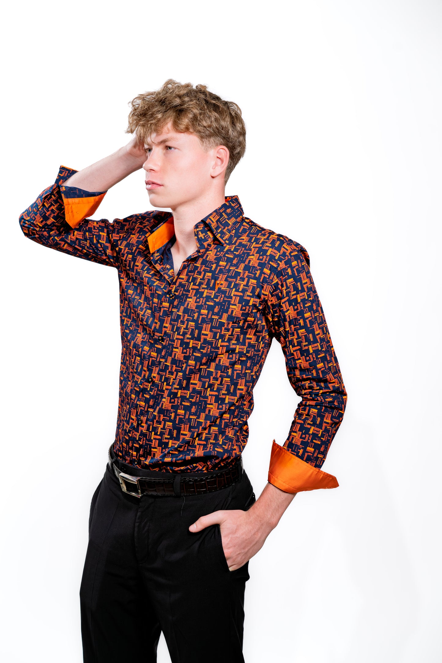 Men’s Navy & Orange Geometric Print Party Shirt