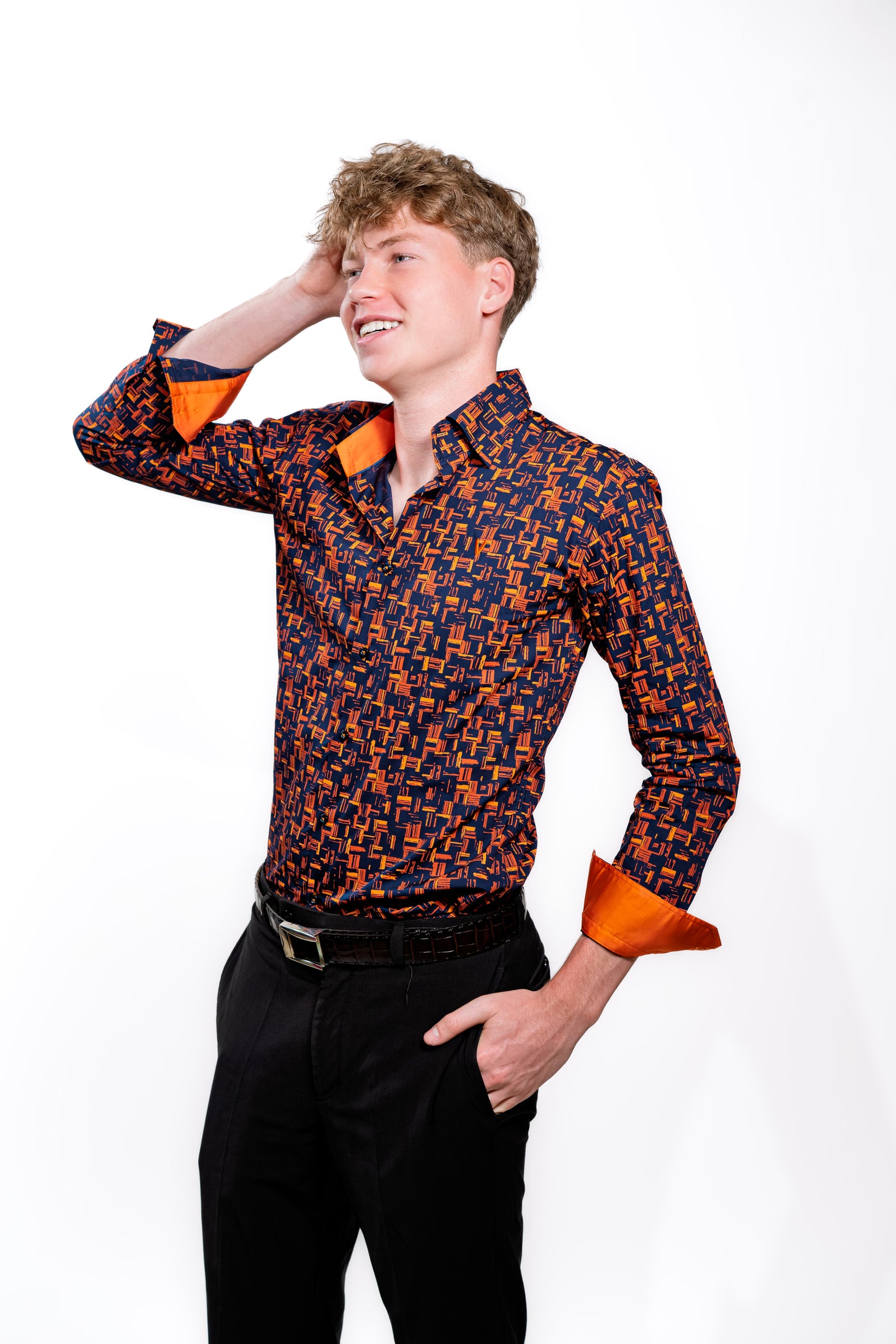 Men’s Navy & Orange Geometric Print Party Shirt