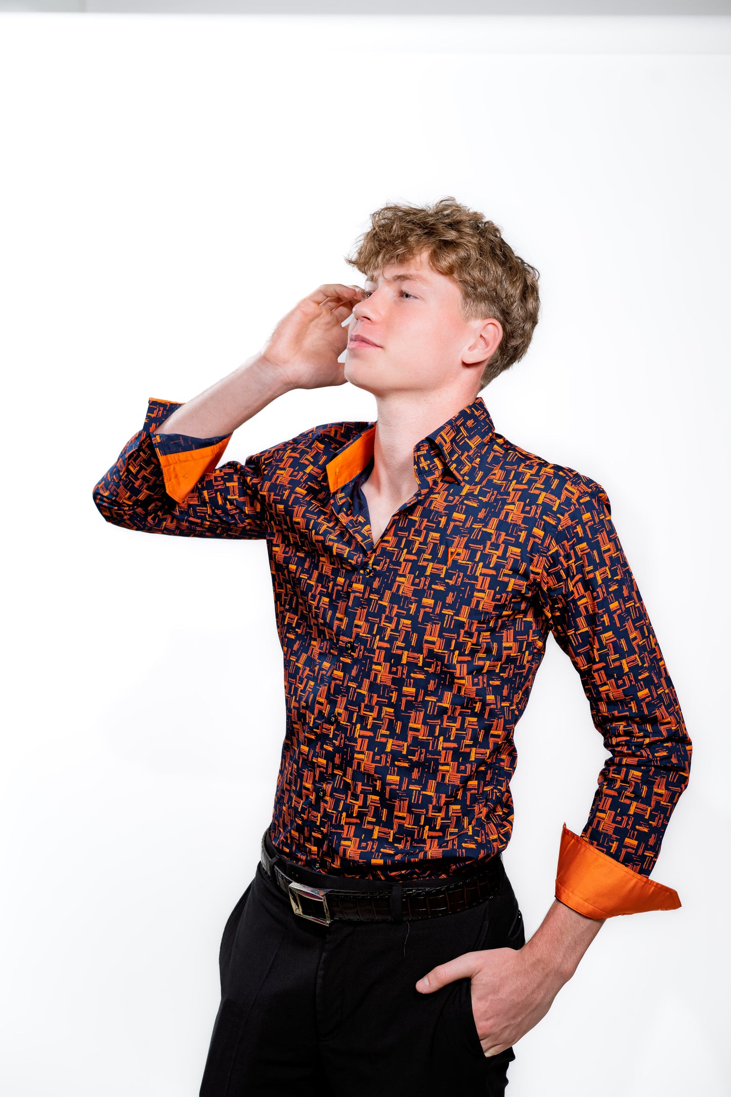 Men’s Navy & Orange Geometric Print Party Shirt