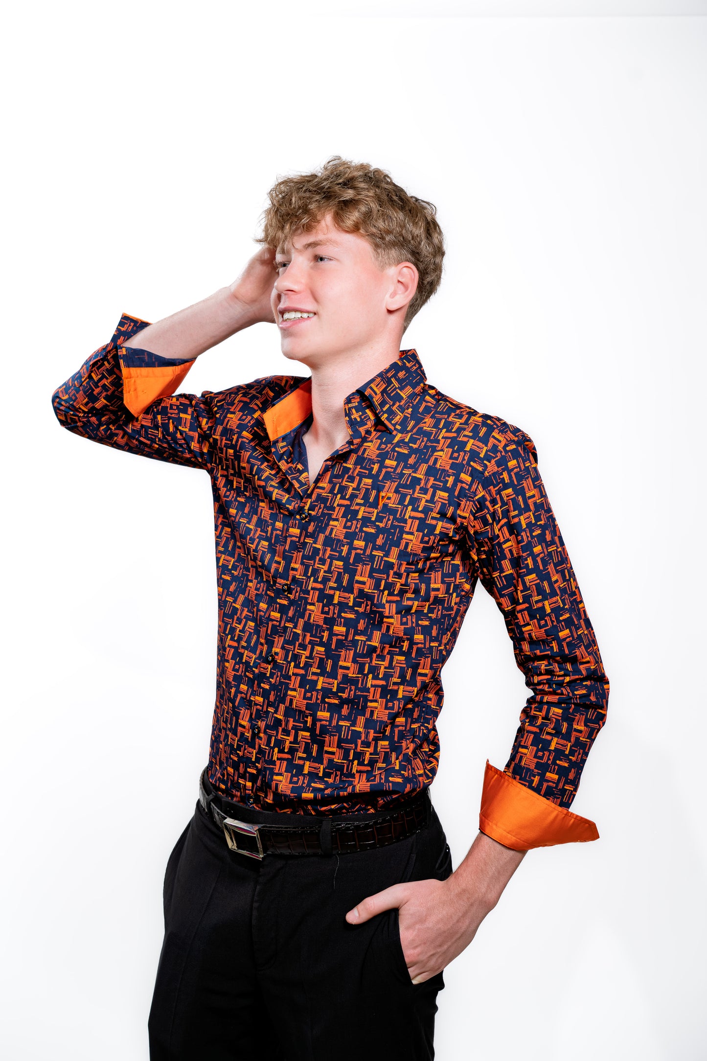 Men’s Navy & Orange Geometric Print Party Shirt