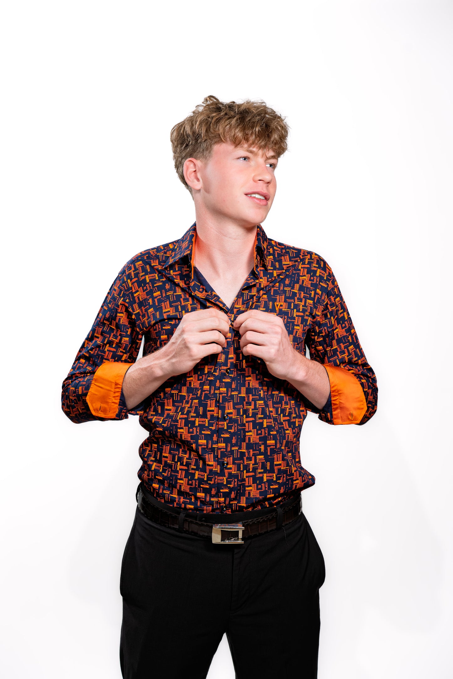 Men’s Navy & Orange Geometric Print Party Shirt