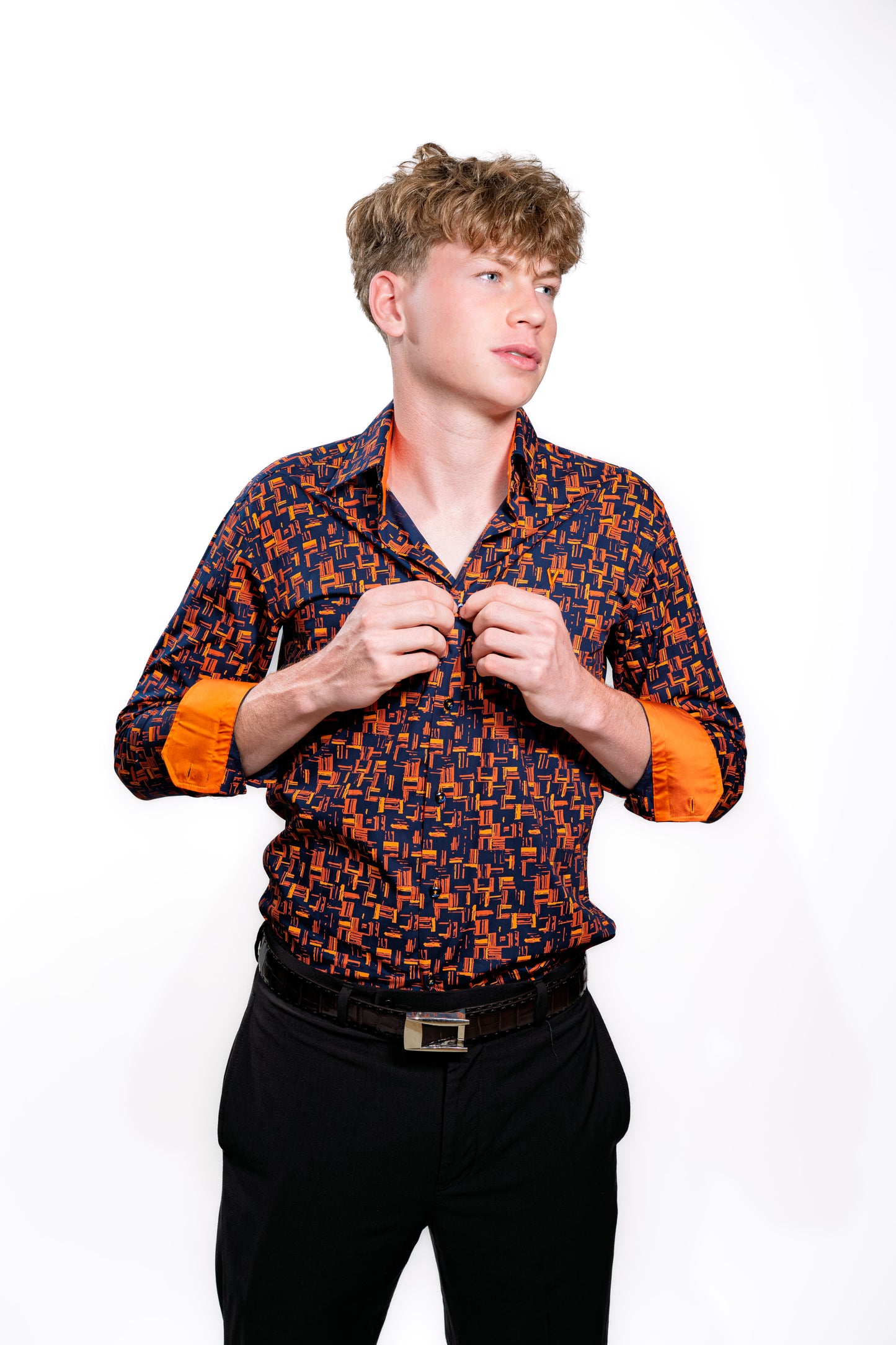Men’s Navy & Orange Geometric Print Party Shirt