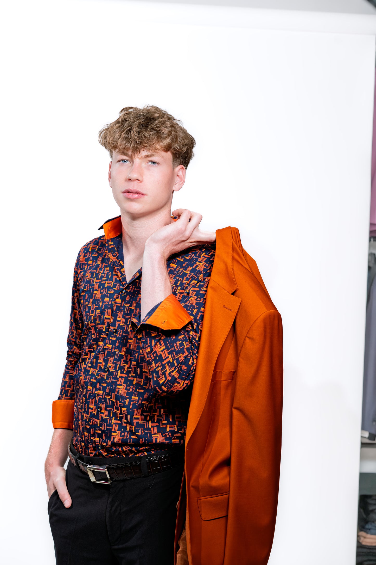 Men’s Navy & Orange Geometric Print Party Shirt