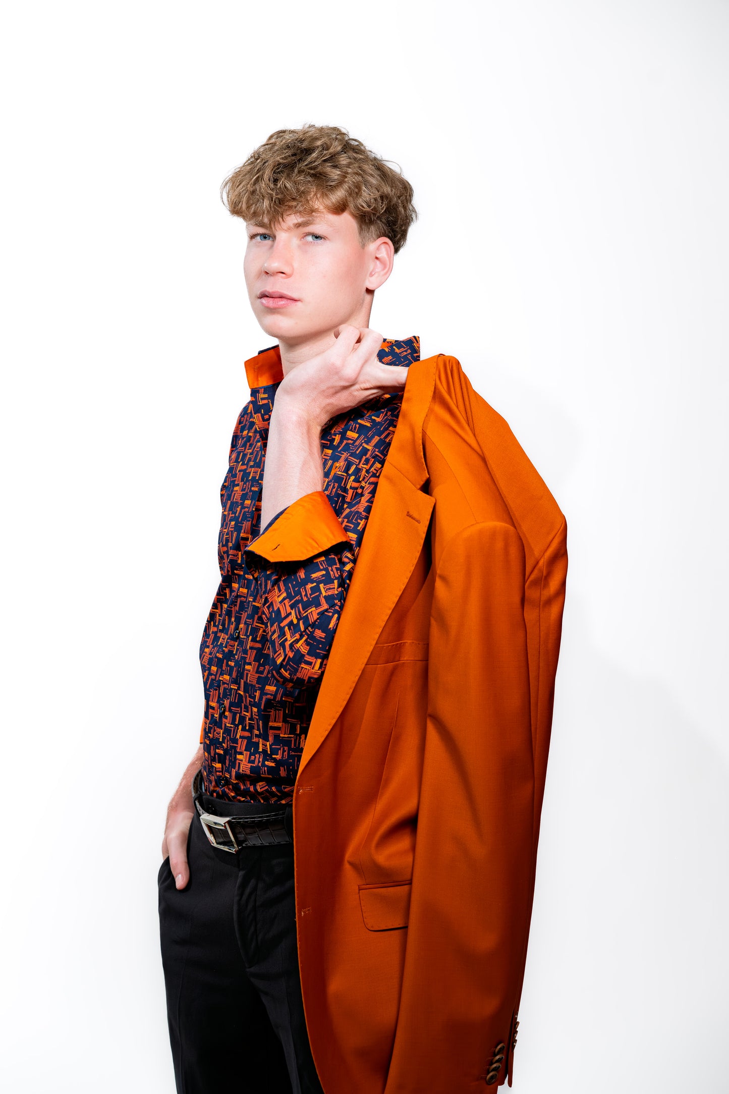 Men’s Navy & Orange Geometric Print Party Shirt