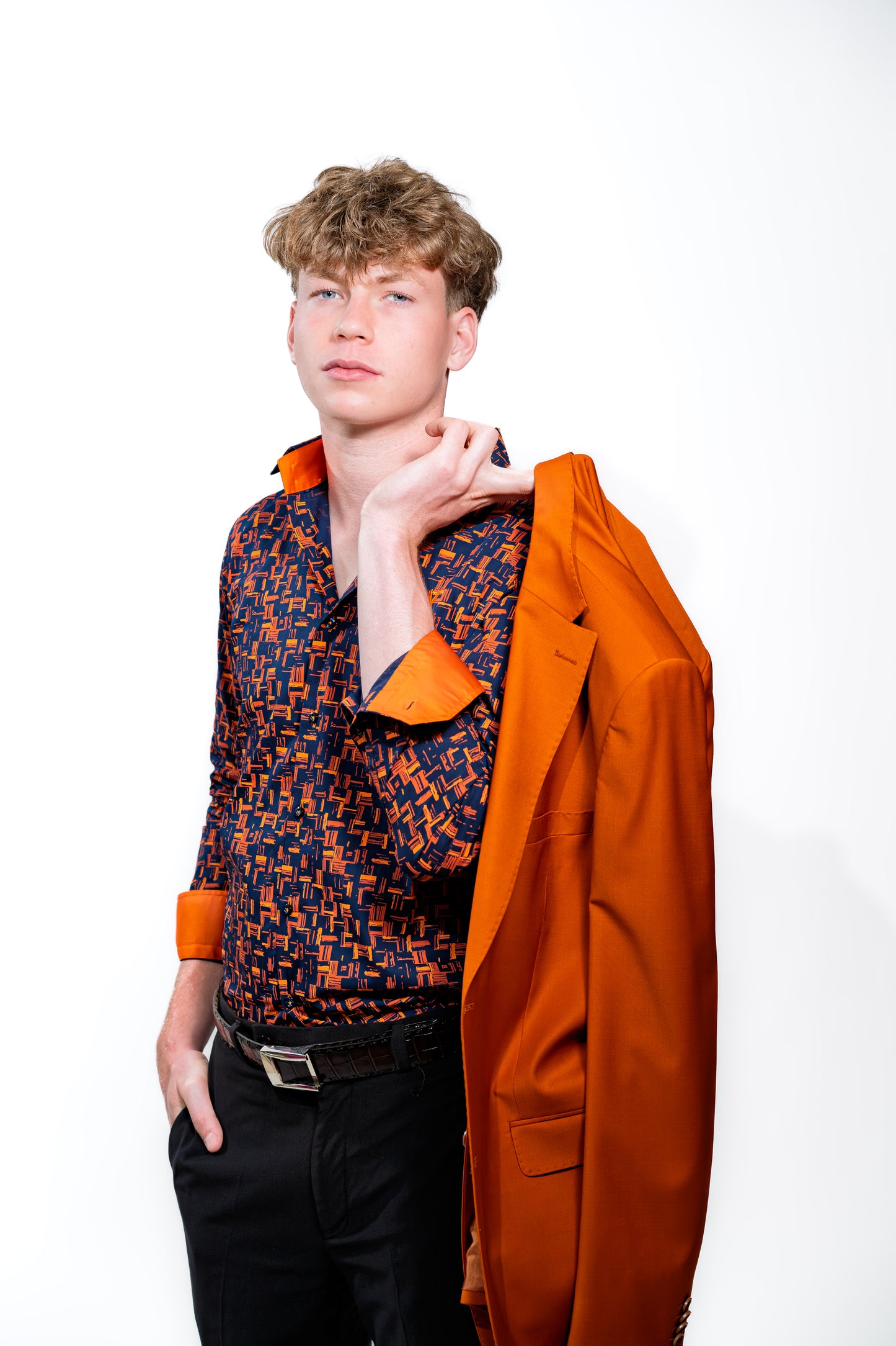 Men’s Navy & Orange Geometric Print Party Shirt
