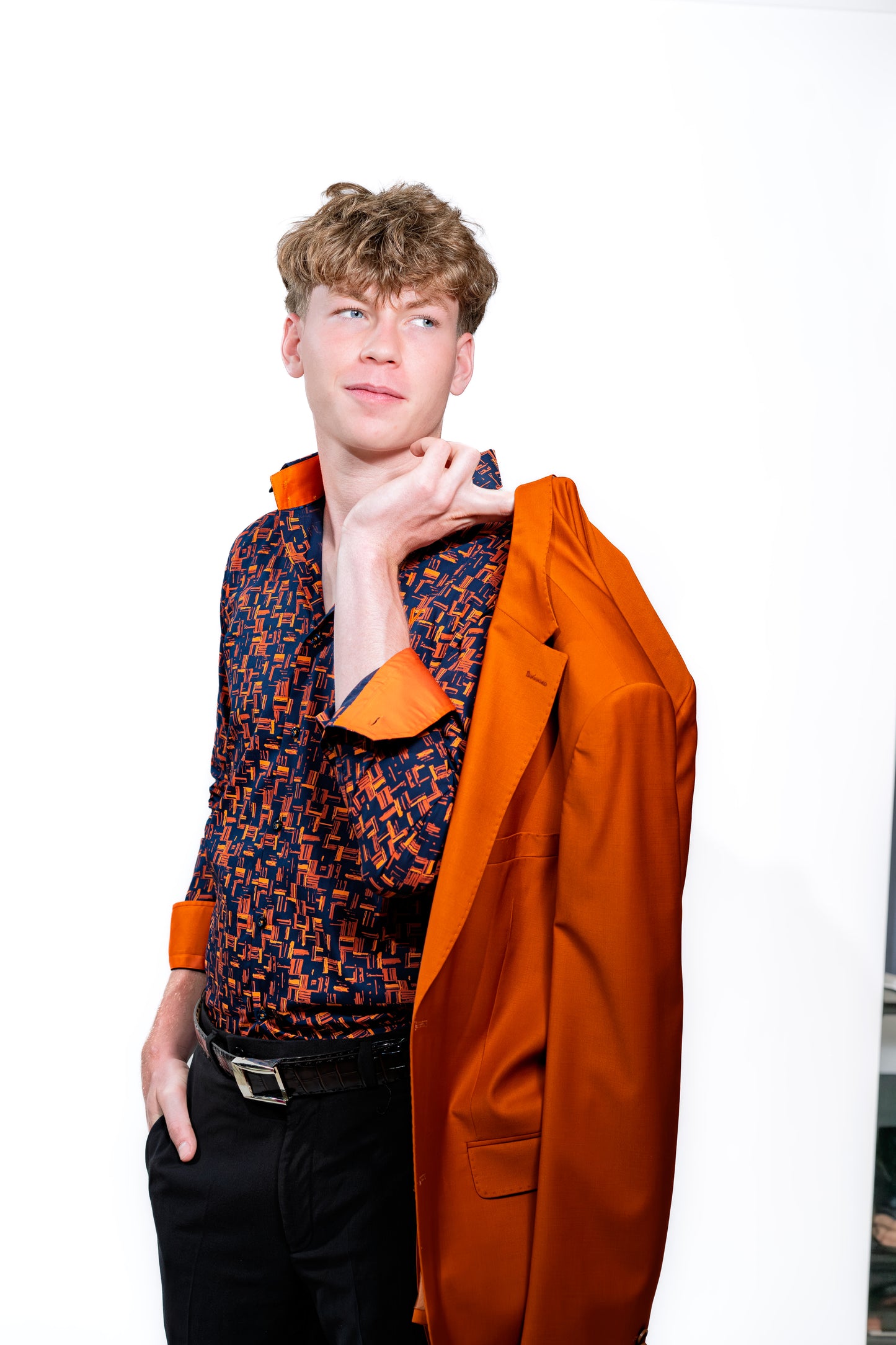 Men’s Navy & Orange Geometric Print Party Shirt
