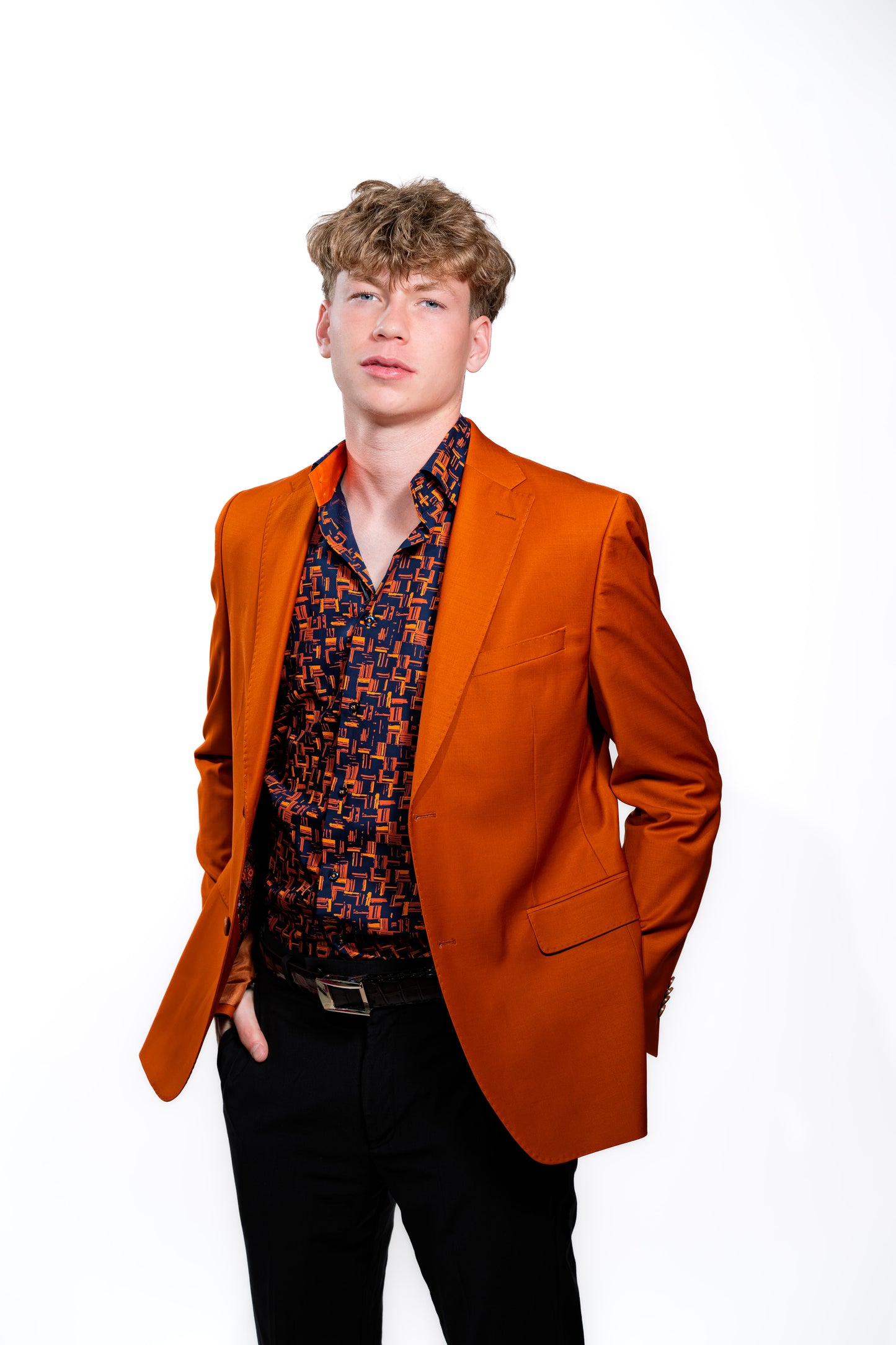 Men’s Navy & Orange Geometric Print Party Shirt