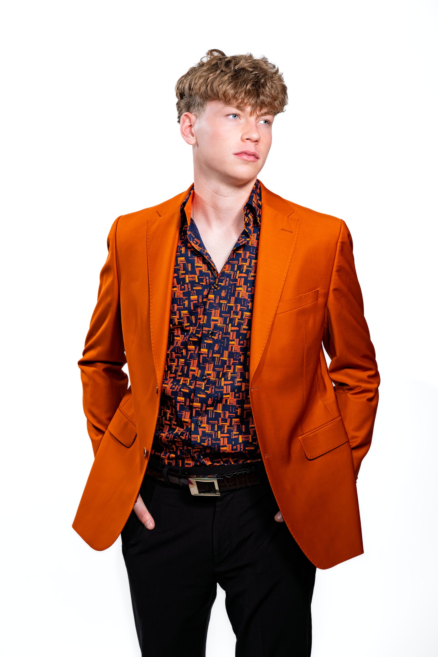 Men’s Navy & Orange Geometric Print Party Shirt