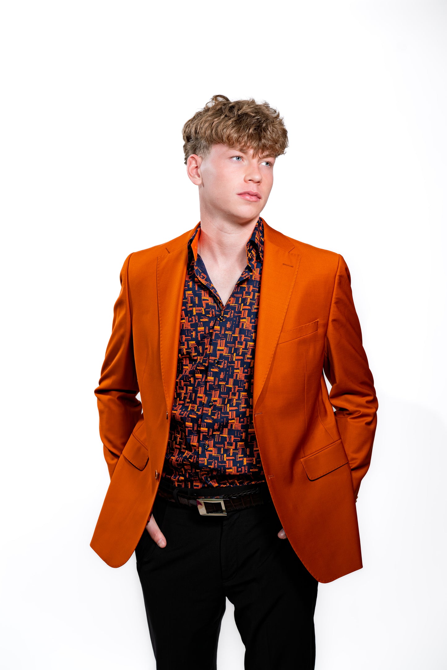 Men’s Navy & Orange Geometric Print Party Shirt
